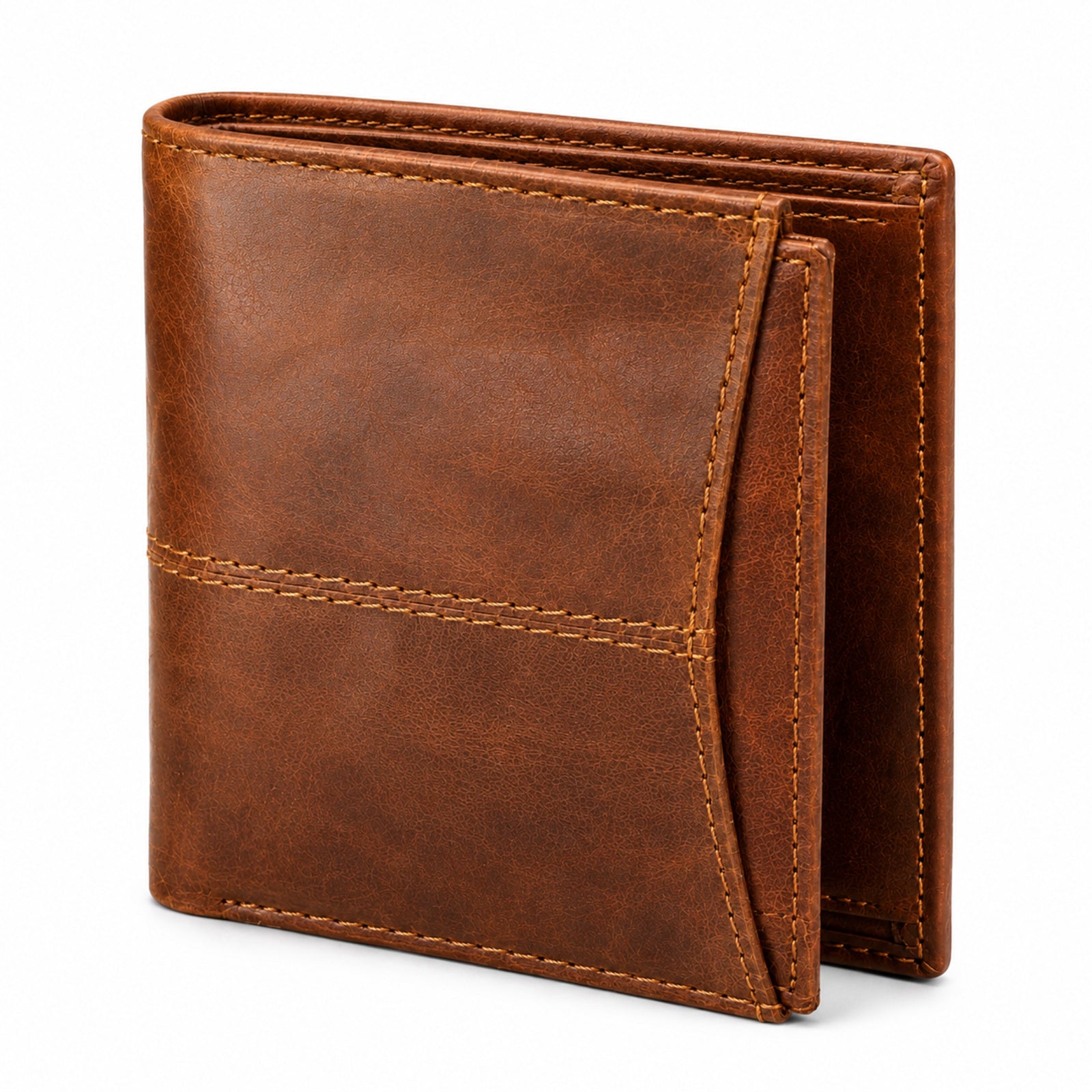 Women's Luxury Tan Brown Leather Vertical Trifold Wallet with Contrast Stitch Detail