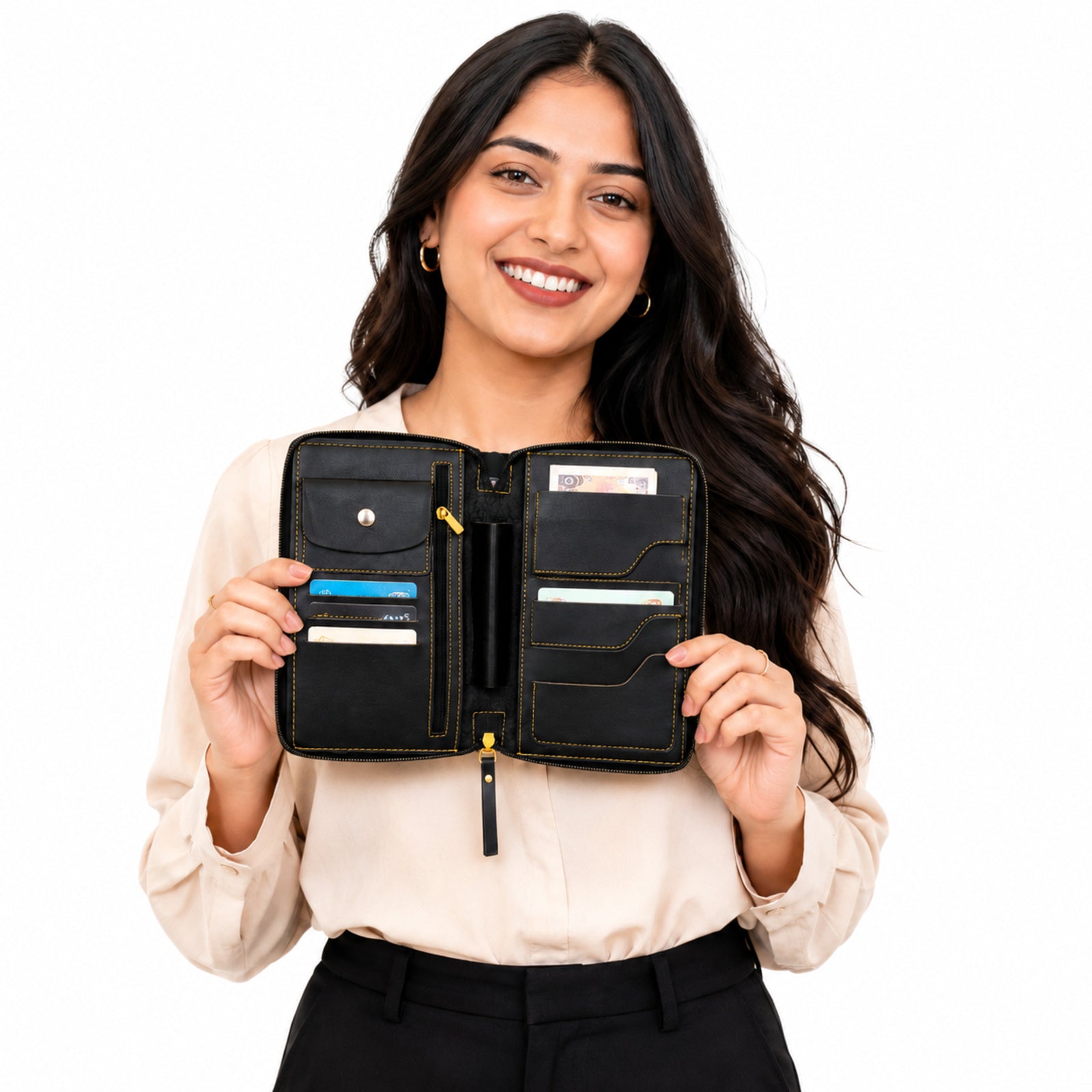 Women's Elegant Luxury Smooth Black Leather Zippered Clutch Wallet and Travel Organizer
