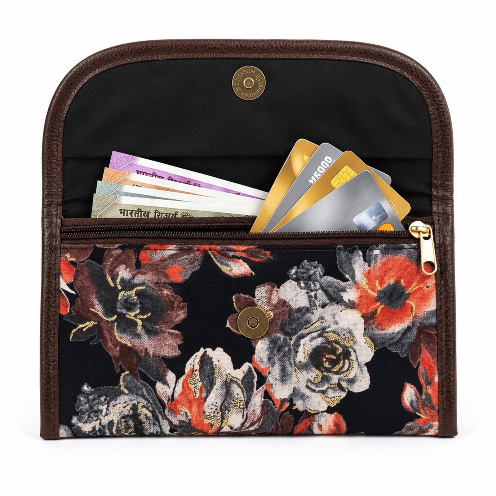 Women's Navy Blue Floral Print Long Wallet | Stylish Ladies Clutch Wallet with Snap Closure