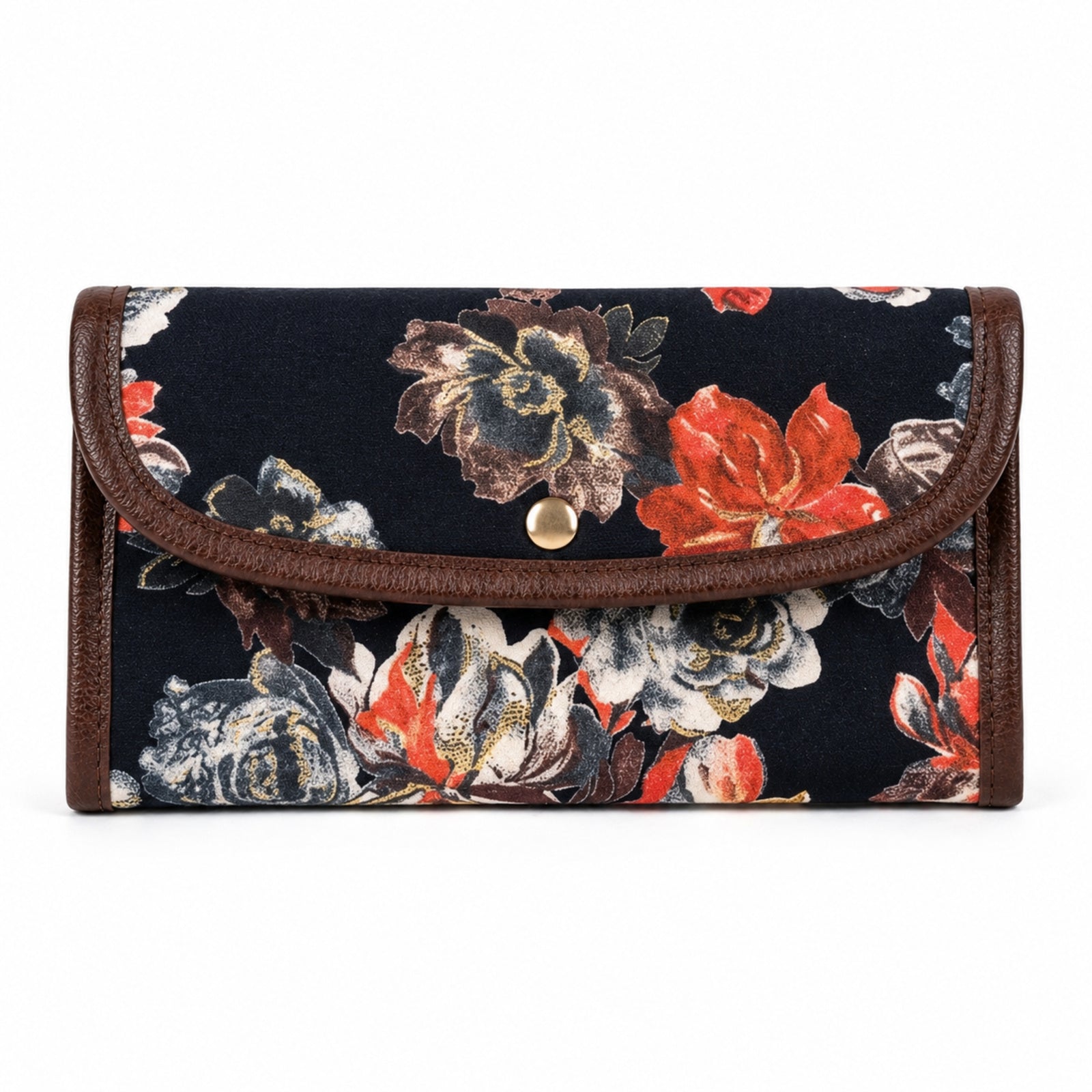 Women's Navy Blue Floral Print Long Wallet | Stylish Ladies Clutch Wallet with Snap Closure
