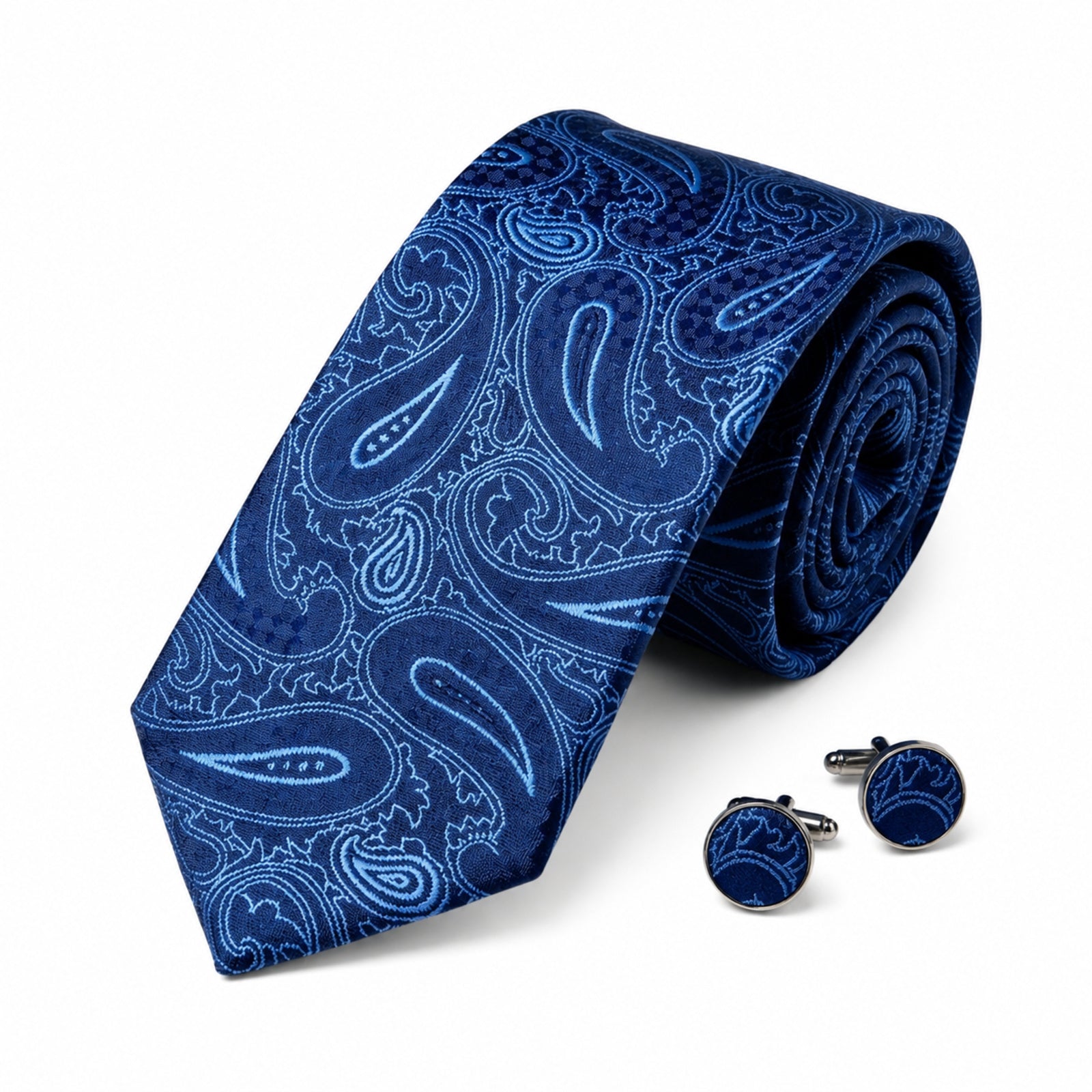 Men's Luxury Paisley-Patterned Navy Blue Silk Formal Necktie