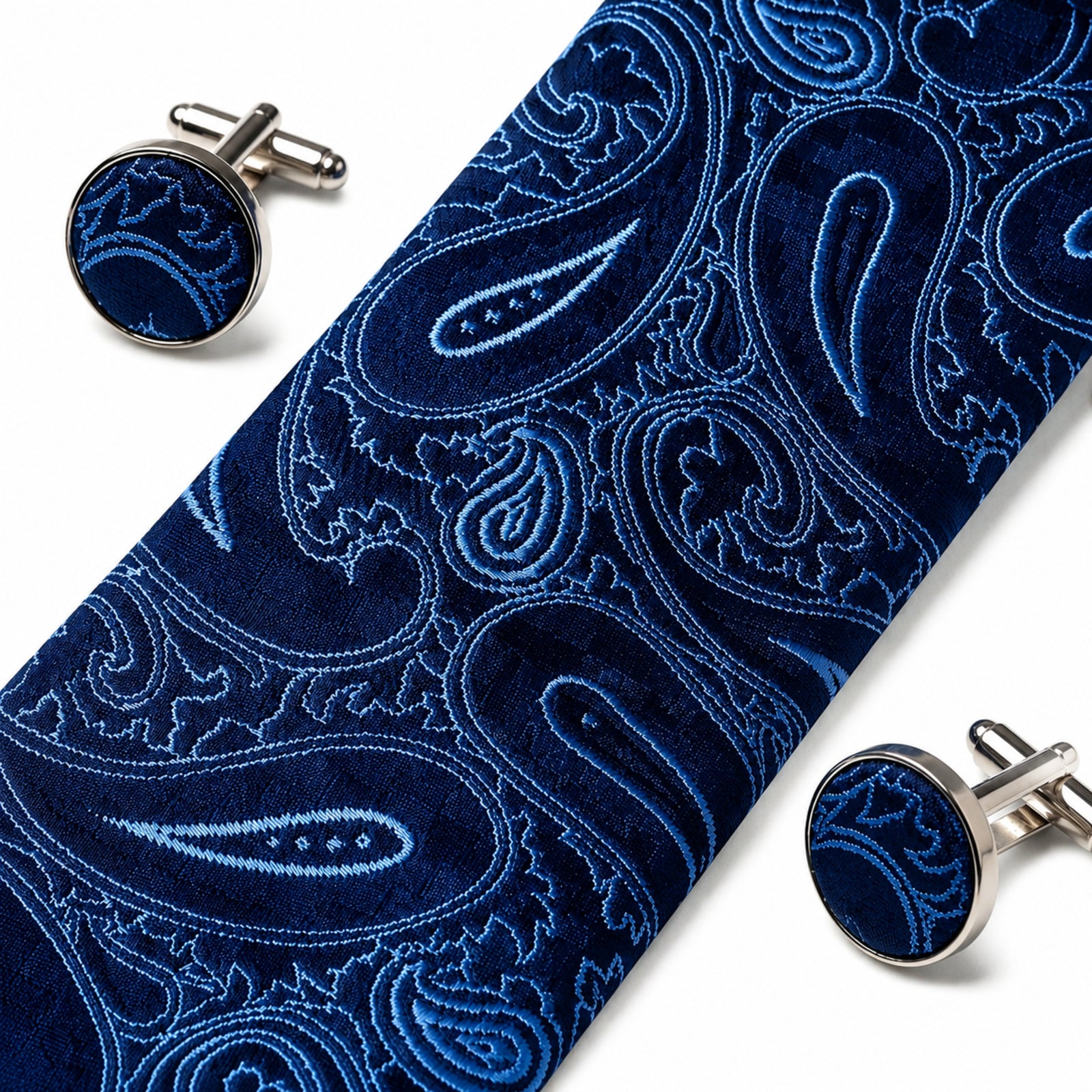 Men's Luxury Paisley-Patterned Navy Blue Silk Formal Necktie