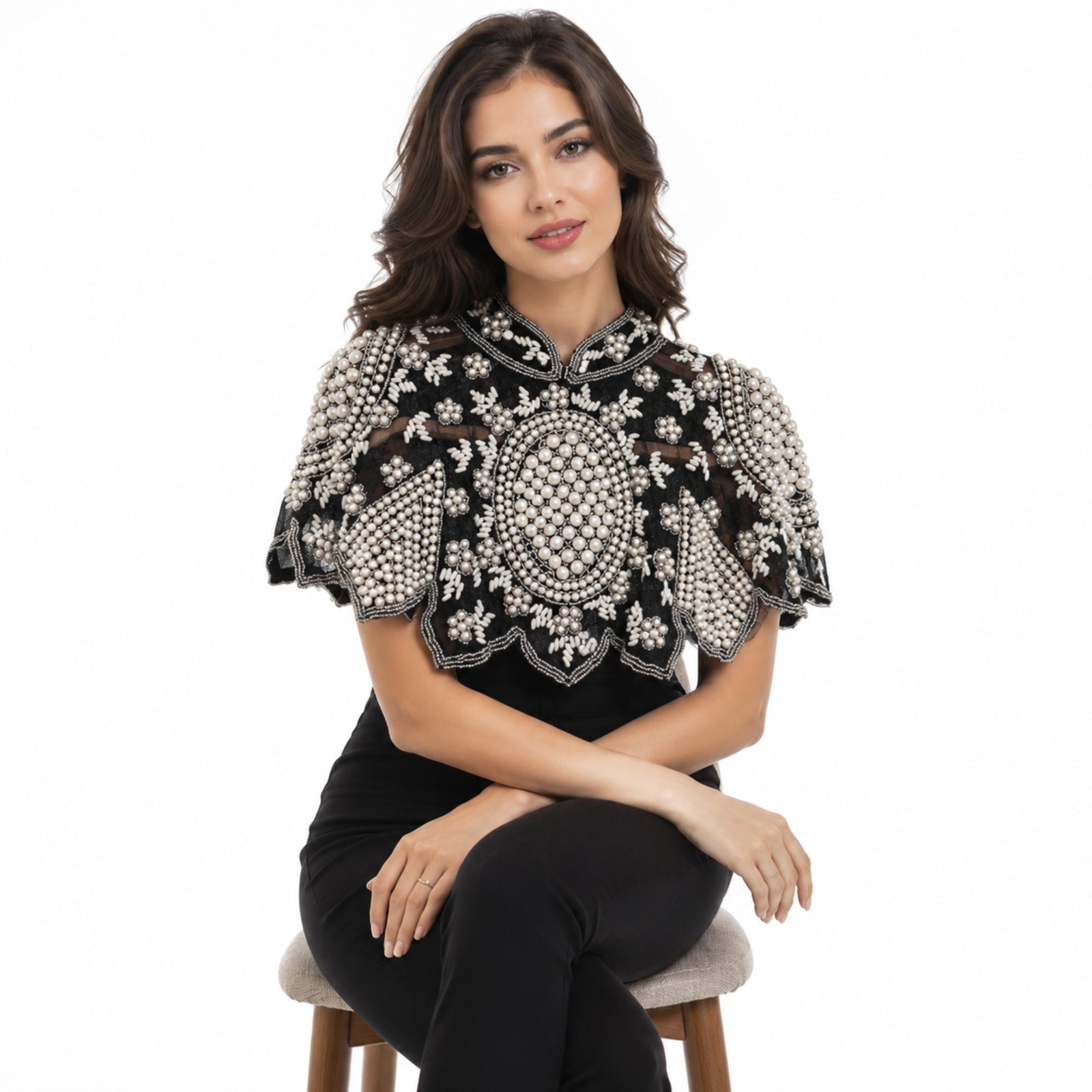 Women's Obsidian Nocturne Hand-Embellished Pearl and Sequin Cape-Style Poncho Top
