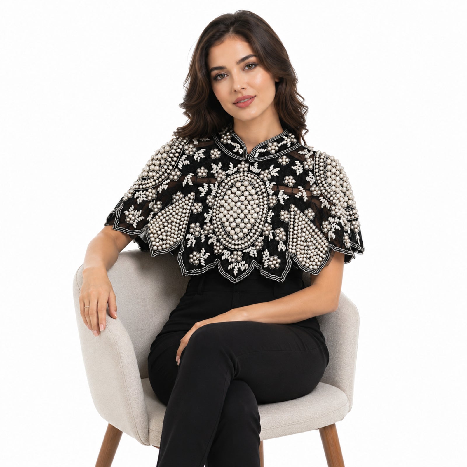 Women's Obsidian Nocturne Hand-Embellished Pearl and Sequin Cape-Style Poncho Top