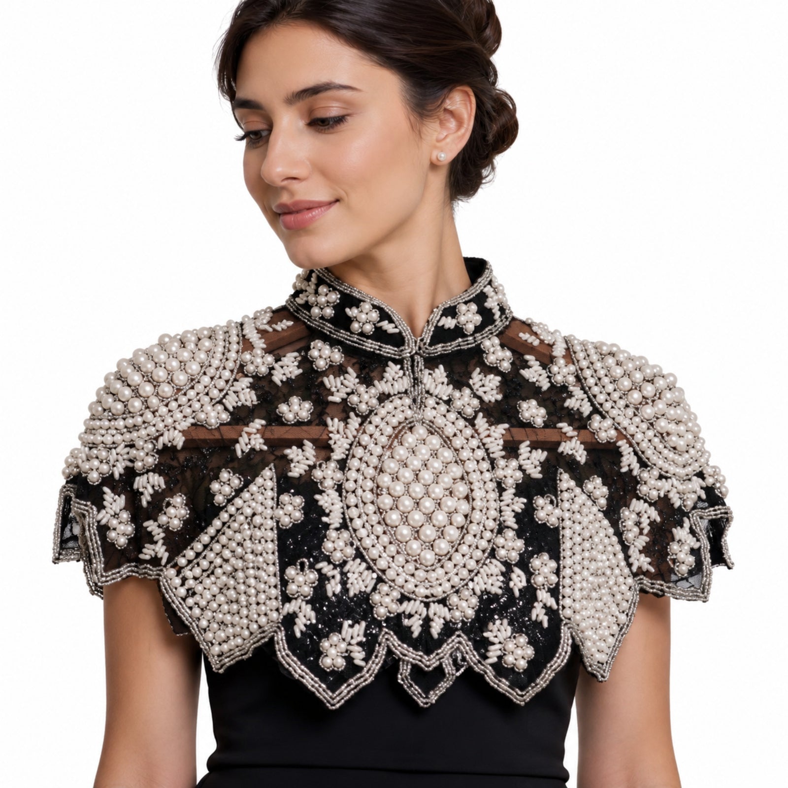 Women's Obsidian Nocturne Hand-Embellished Pearl and Sequin Cape-Style Poncho Top