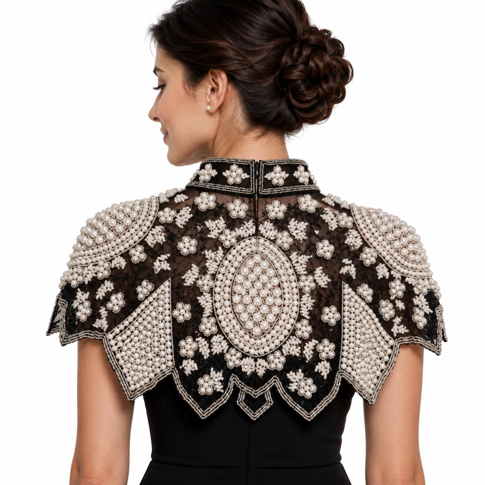 Women's Obsidian Nocturne Hand-Embellished Pearl and Sequin Cape-Style Poncho Top