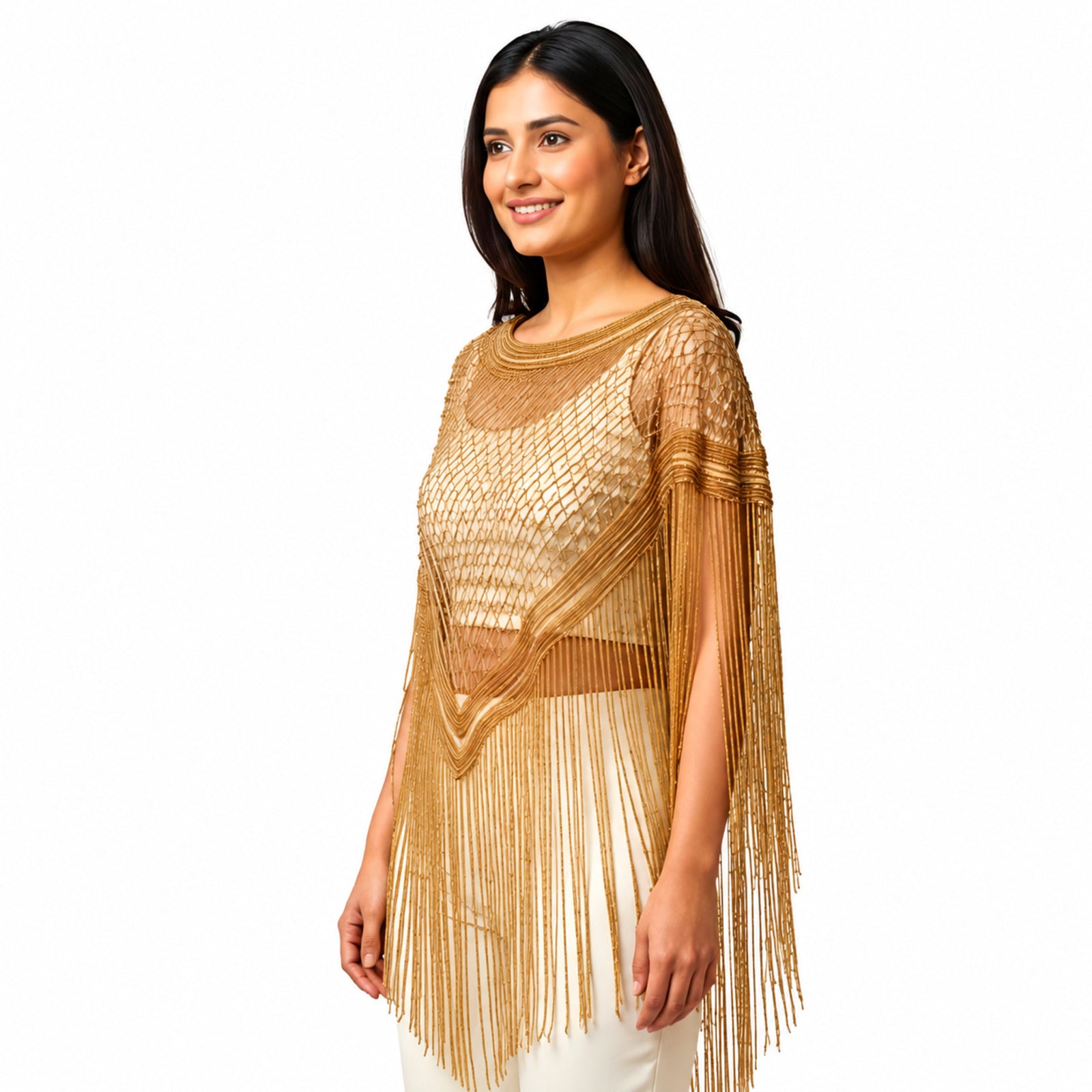 Royal Gold Sequin Fringe Poncho
