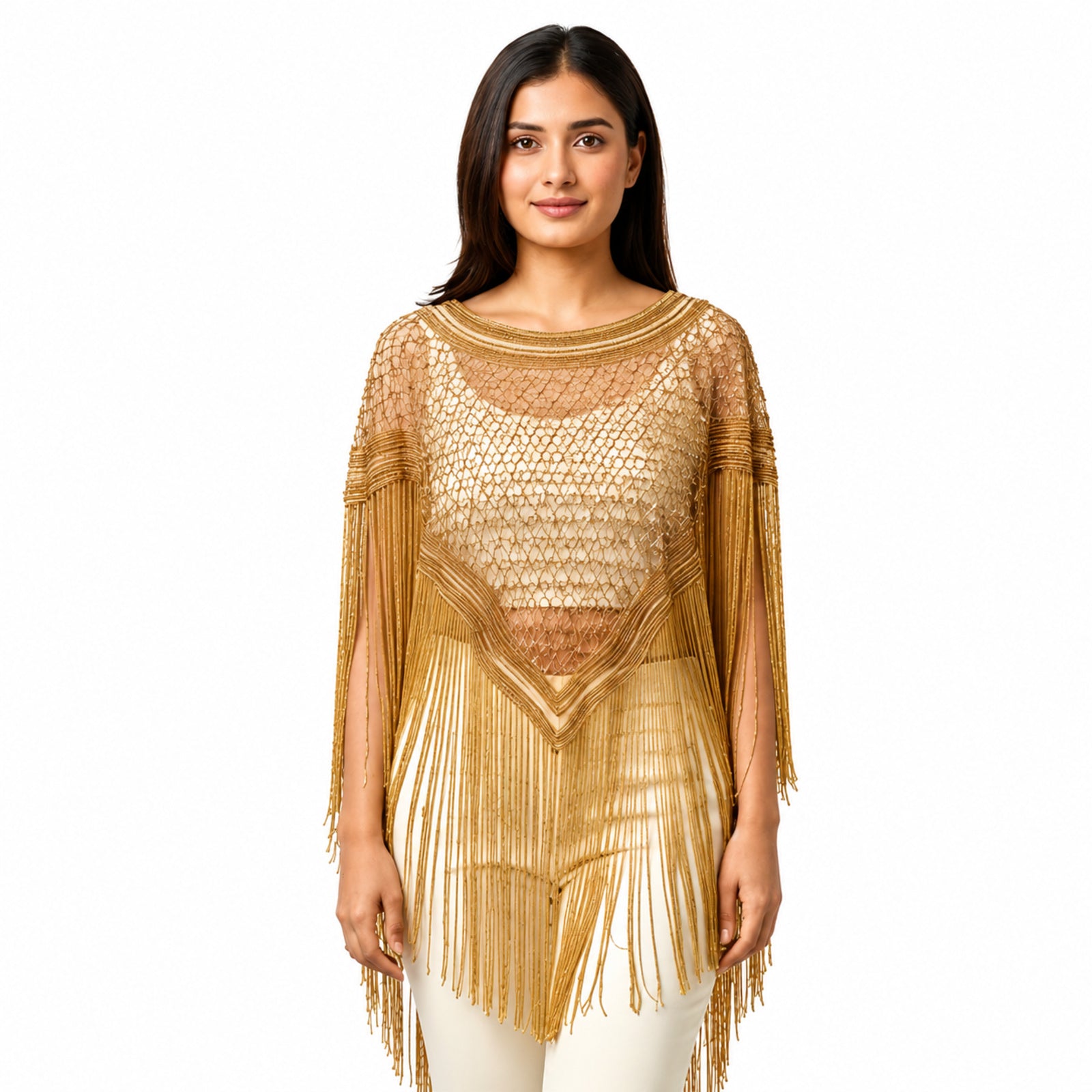 Royal Gold Sequin Fringe Poncho