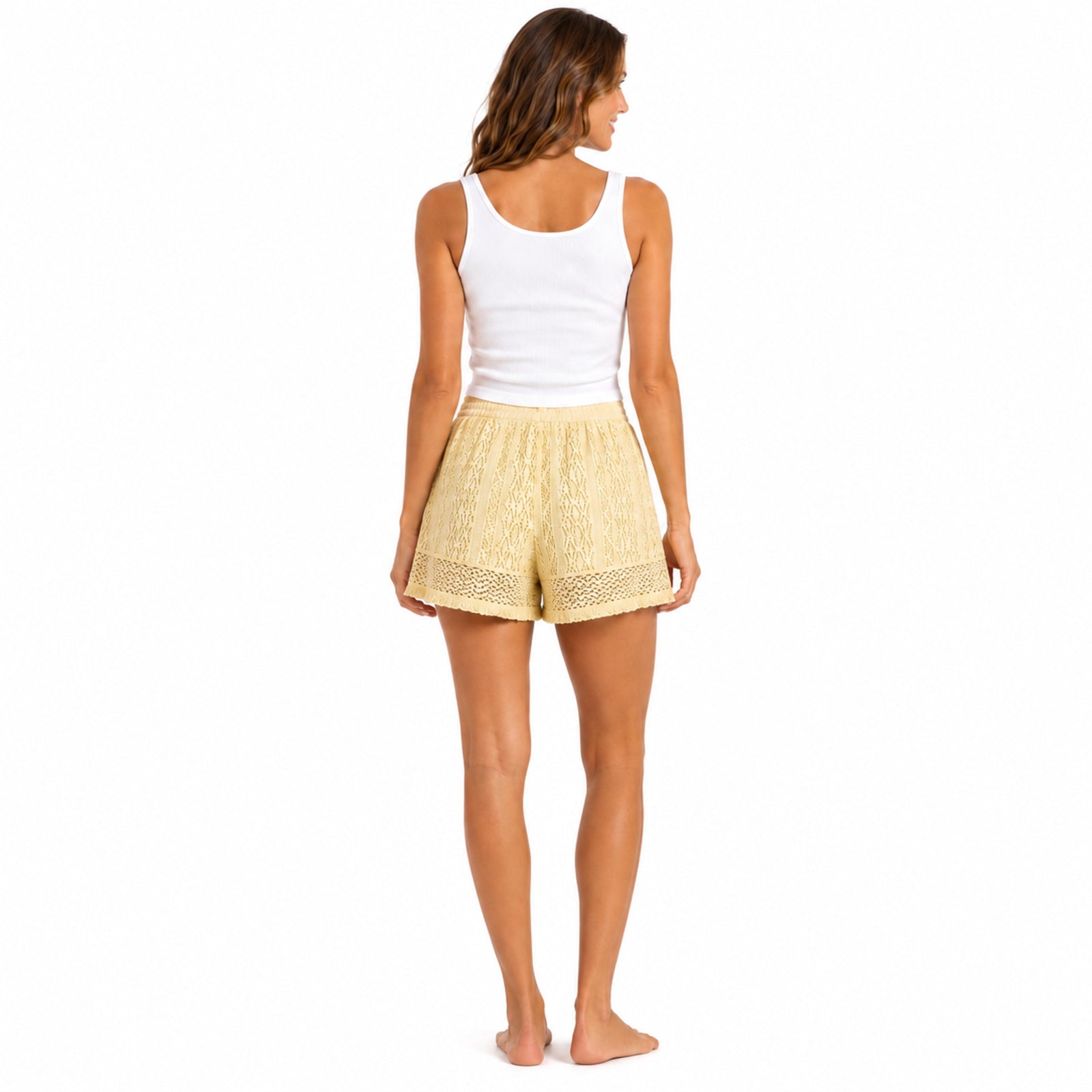 Women's Yellow Textured Lace Trim Relaxed Fit Drawstring Summer Shorts