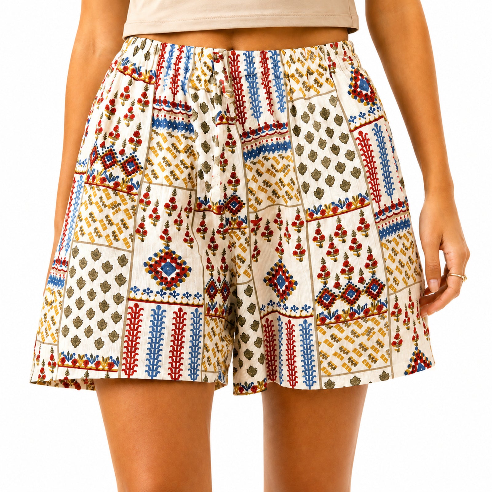Women's Red Printed Elastic Waist Casual Lounge Shorts with Relaxed Fit