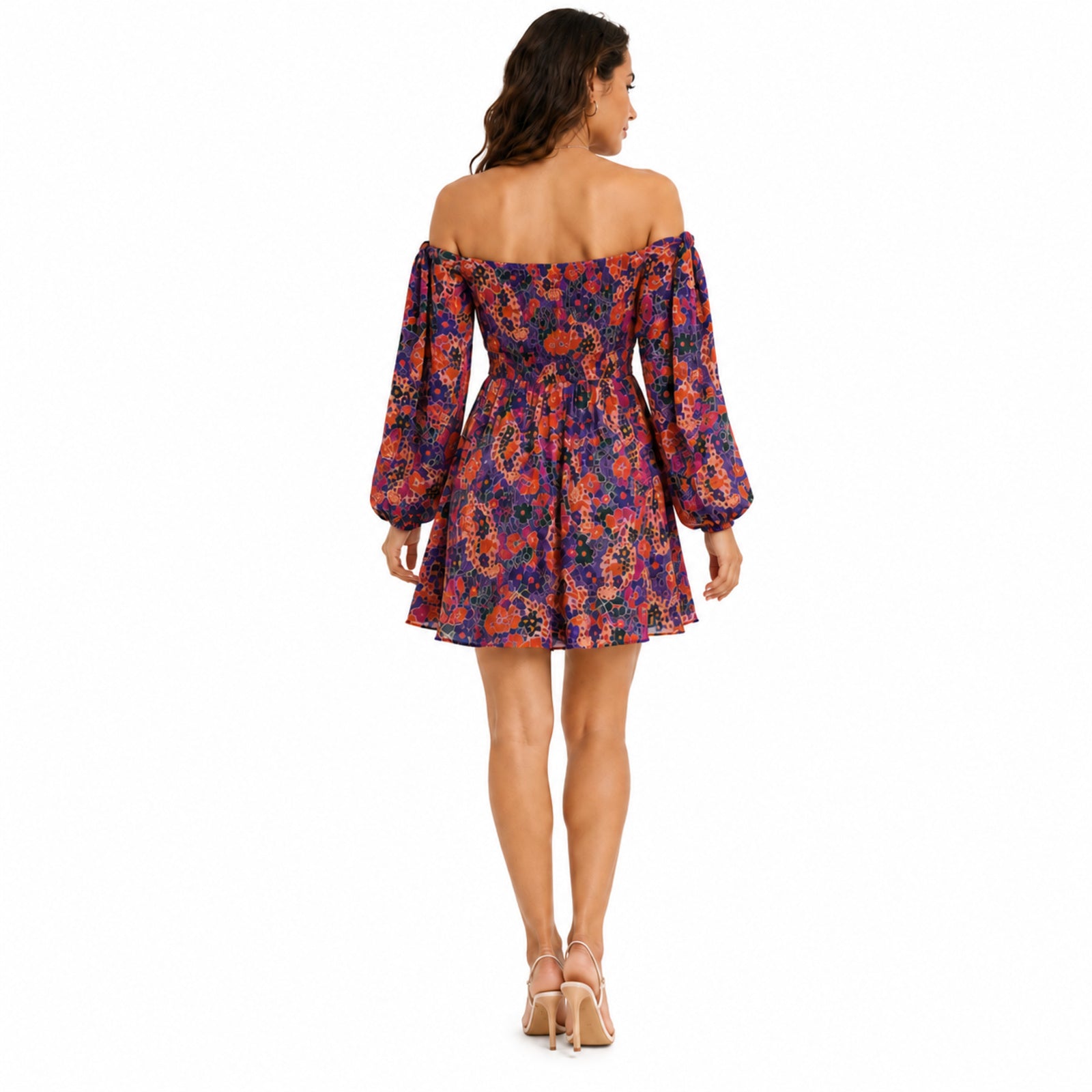 Women's Purple Floral Off-Shoulder Mini Dress with Balloon Sleeves