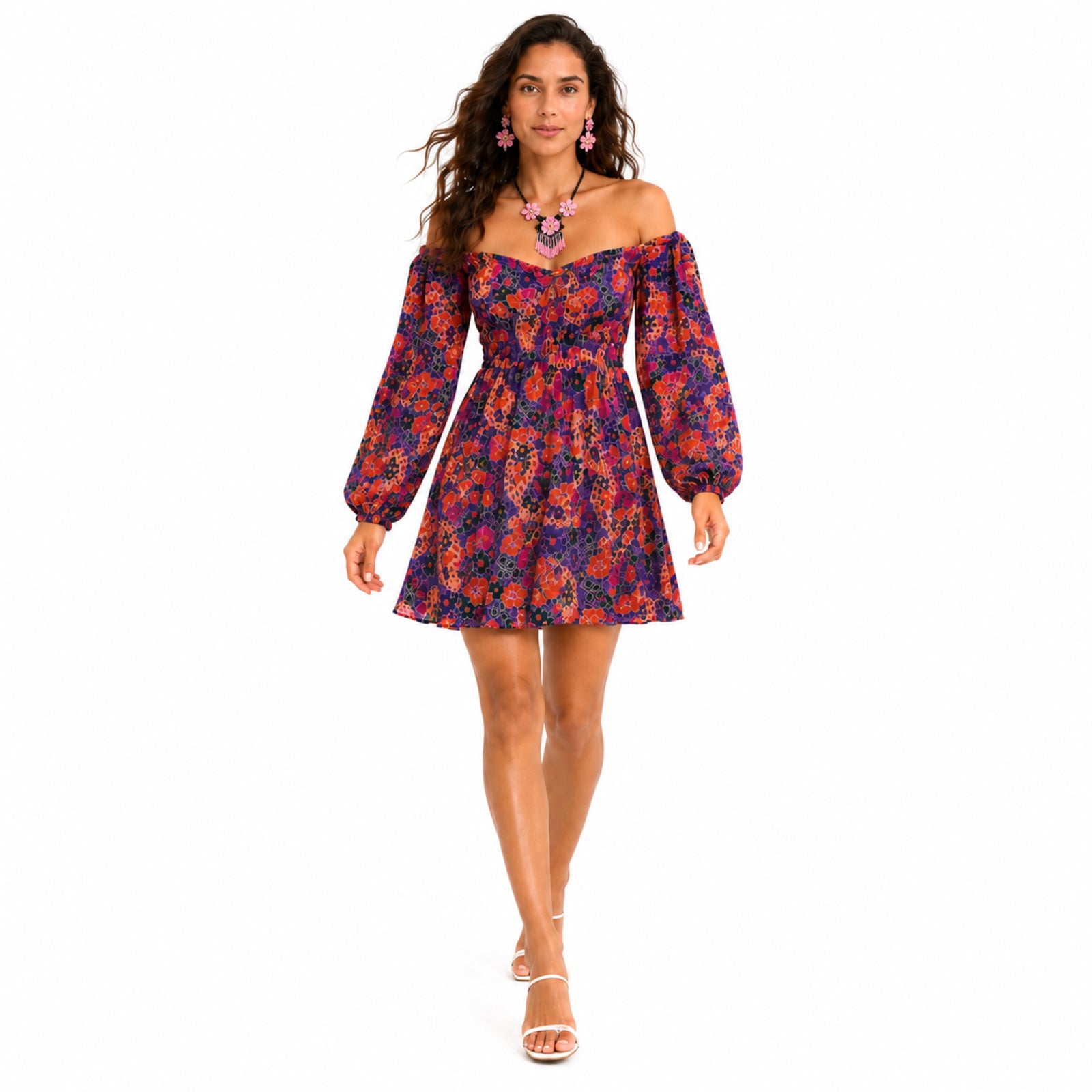 Women's Purple Floral Off-Shoulder Mini Dress with Balloon Sleeves
