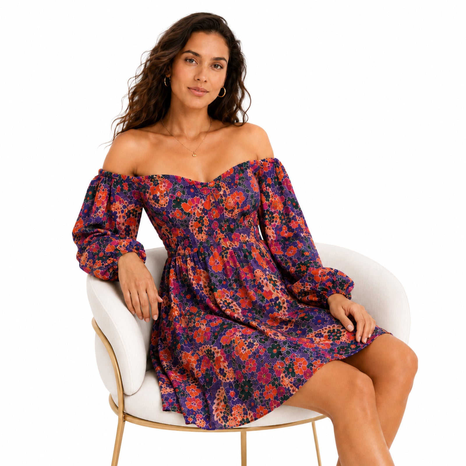 Women's Purple Floral Off-Shoulder Mini Dress with Balloon Sleeves