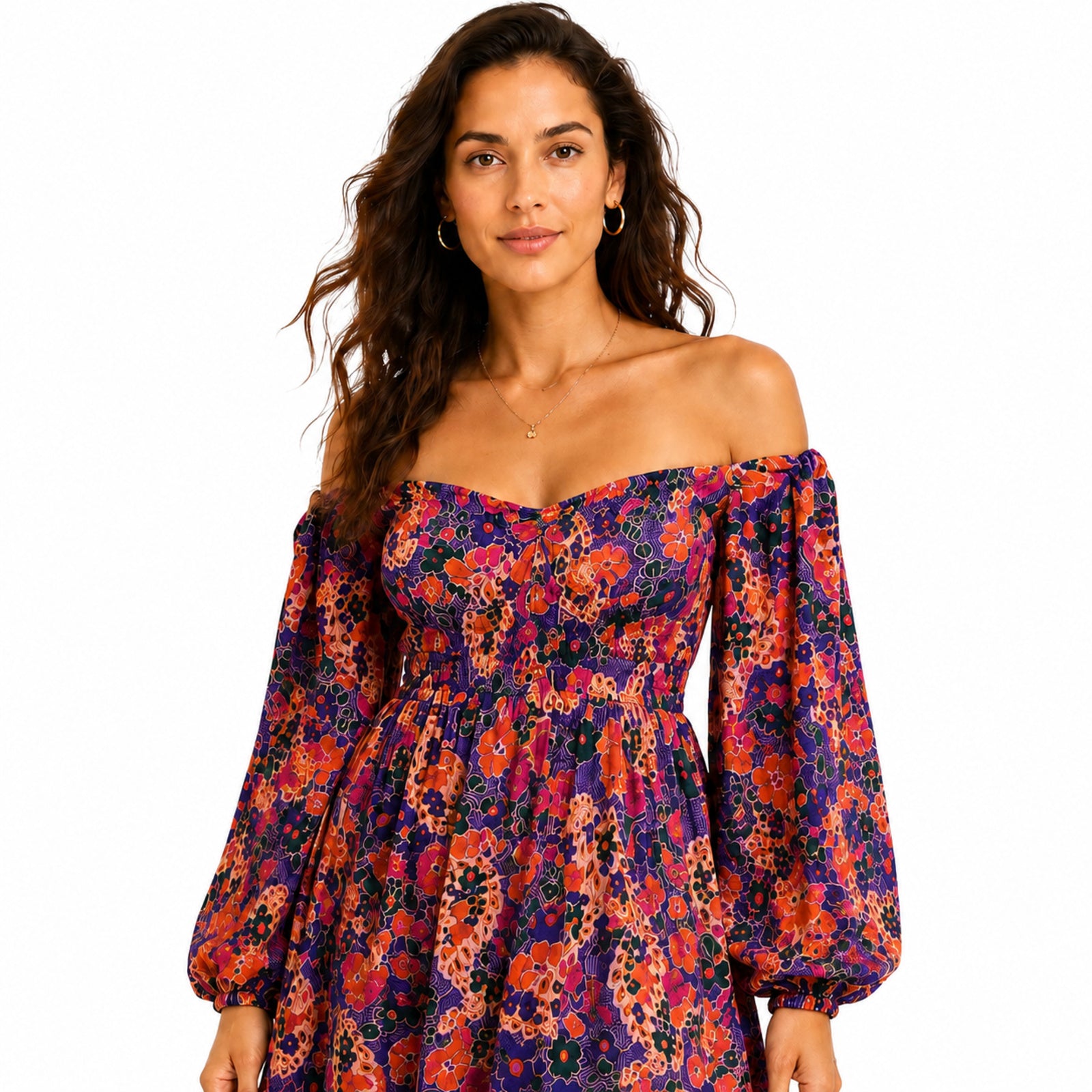 Women's Purple Floral Off-Shoulder Mini Dress with Balloon Sleeves