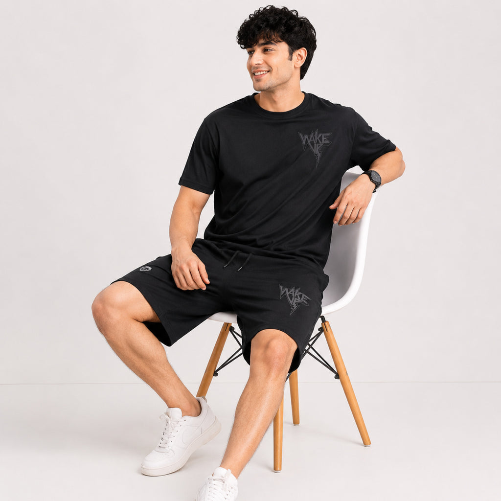 Men's Jet Black Lightning Graphic T-Shirt and Shorts Co-Ord Set-1