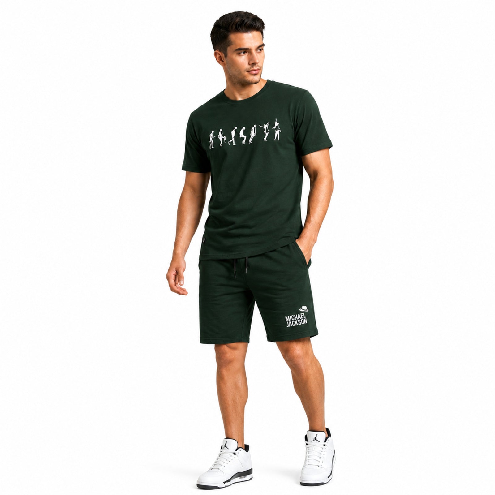 Men's Casual Michael Jackson Graphic Print Green T-Shirt and Shorts Loungewear Set