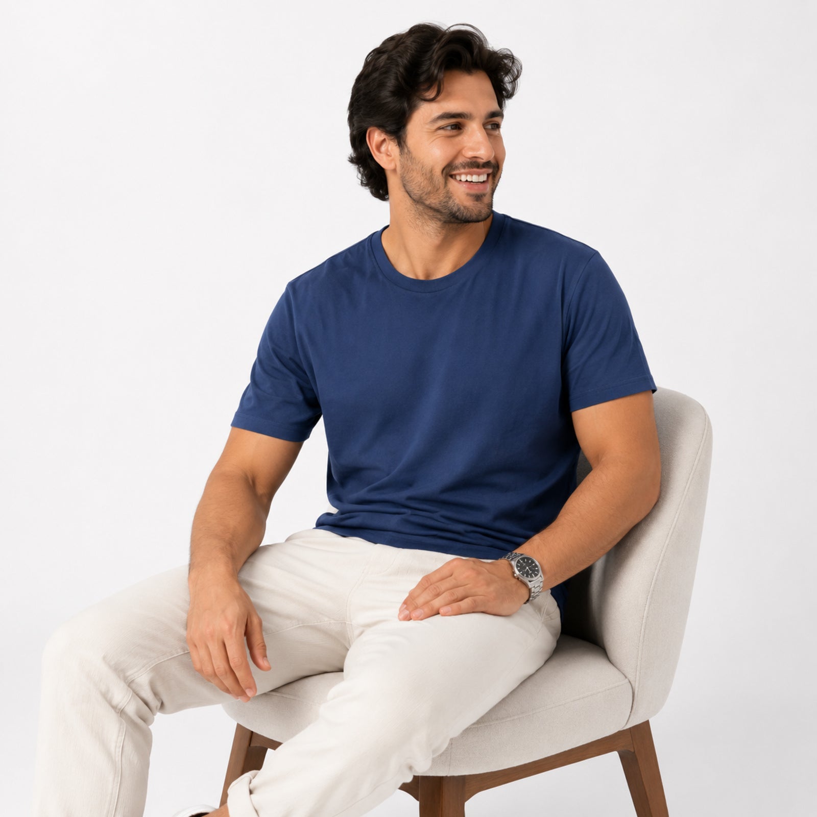 Classic Solid Blue Crew Neck T-Shirt-2