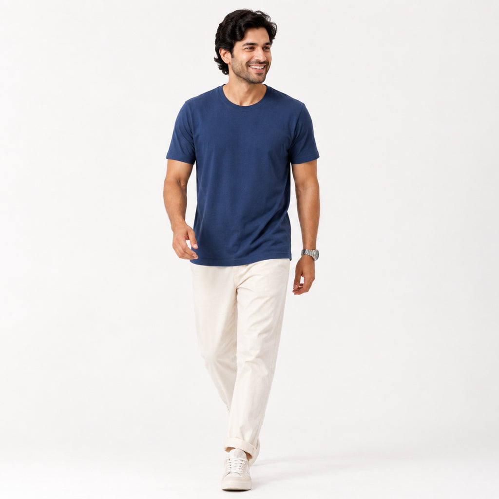Classic Solid Blue Crew Neck T-Shirt-1