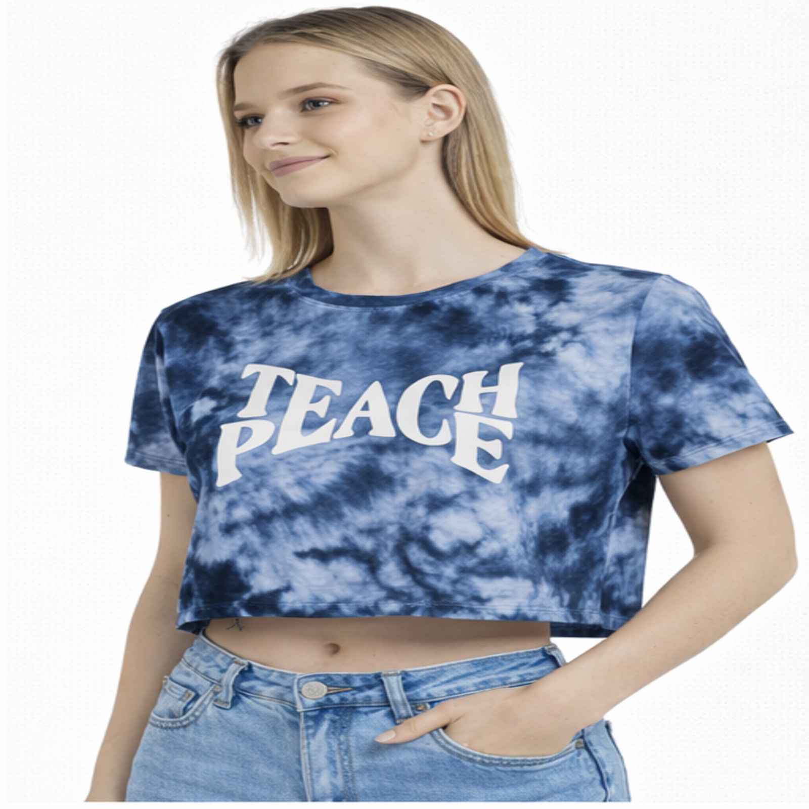Women's Blue Tie-Dye “Teach Peace” Cropped T-Shirt