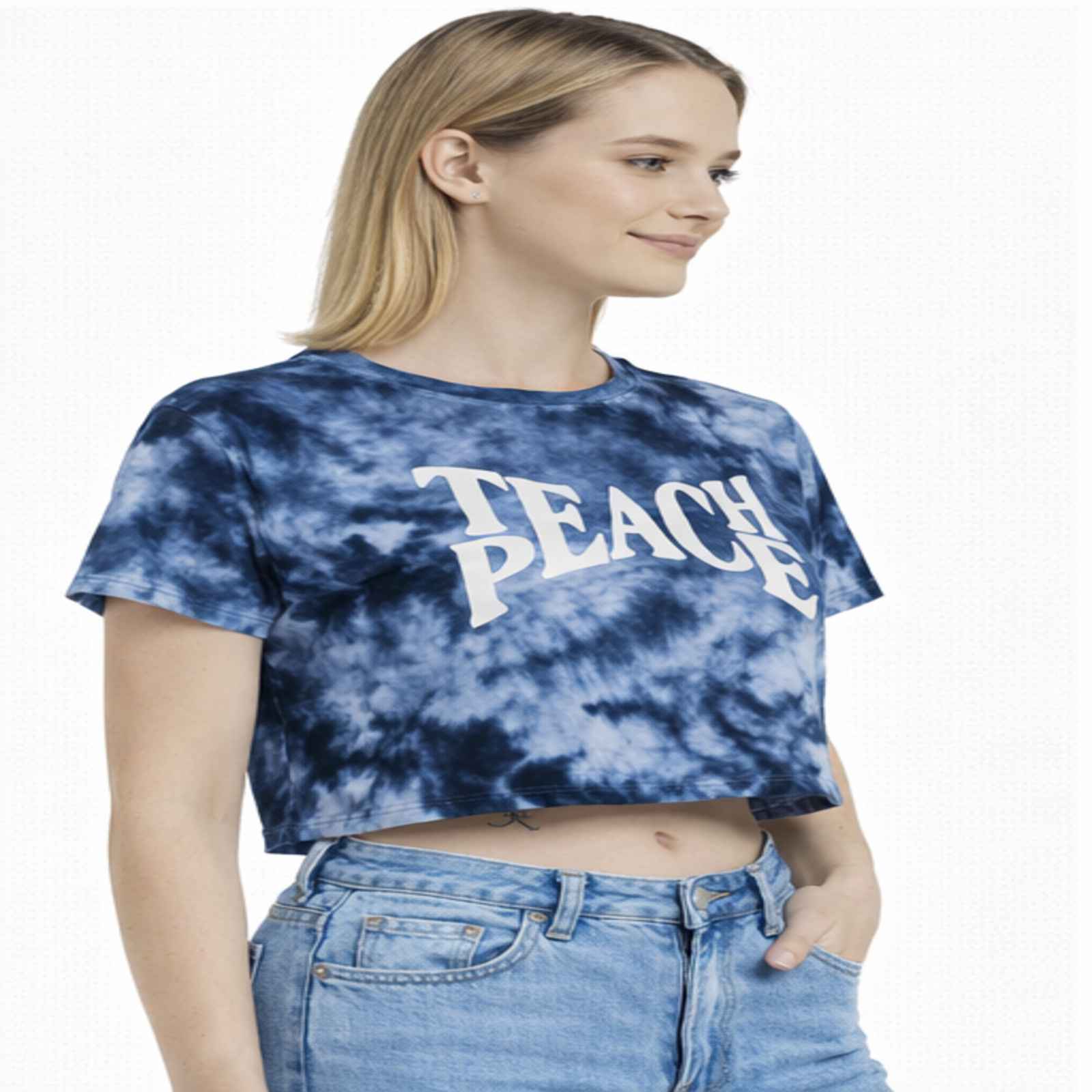 Women's Blue Tie-Dye “Teach Peace” Cropped T-Shirt
