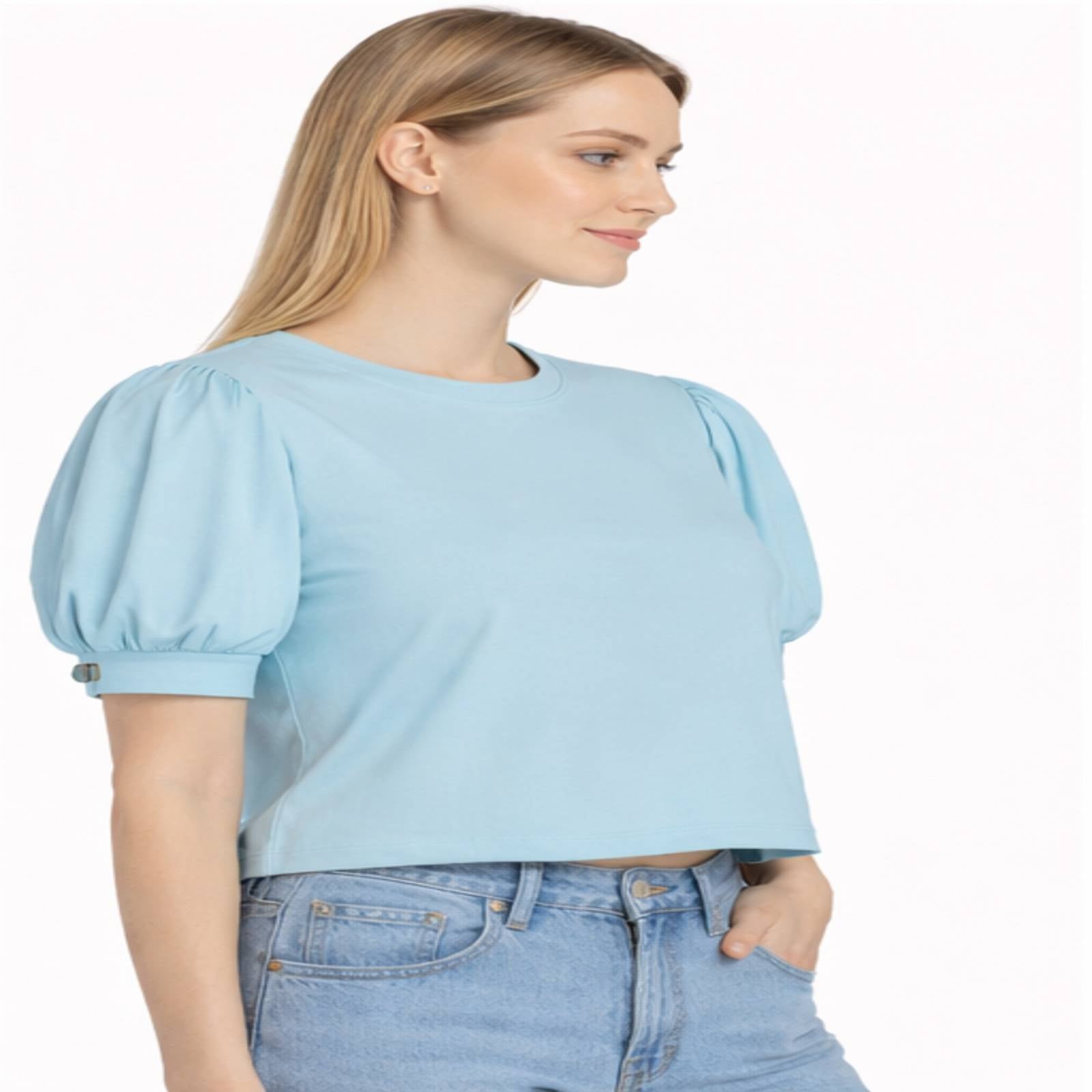 Women's Sky Blue Puff Sleeve Casual Top