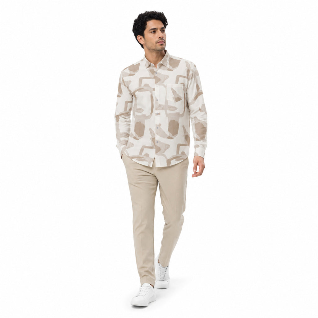 Men's Beige Abstract Print Full Sleeve Shirt