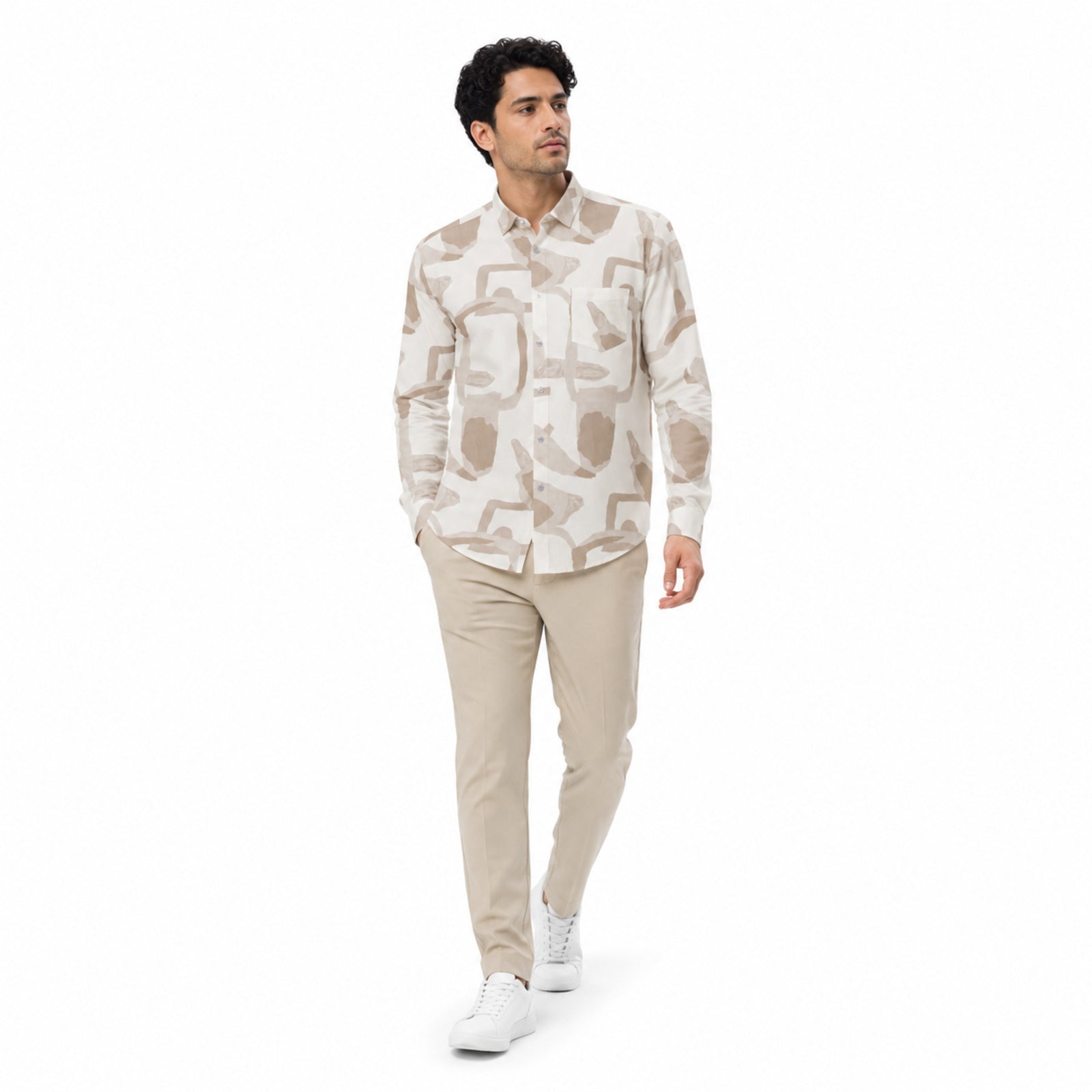 Men's Beige Abstract Print Full Sleeve Shirt