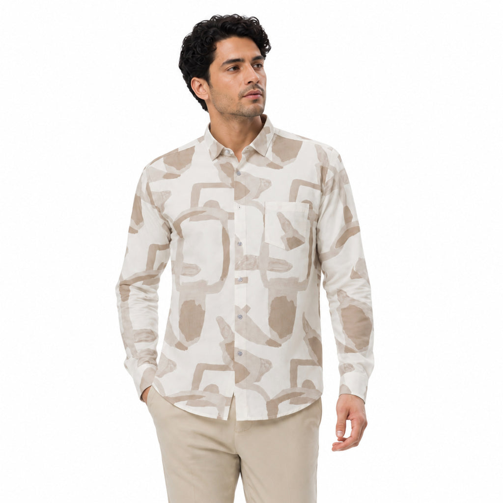 Men's Beige Abstract Print Full Sleeve Shirt