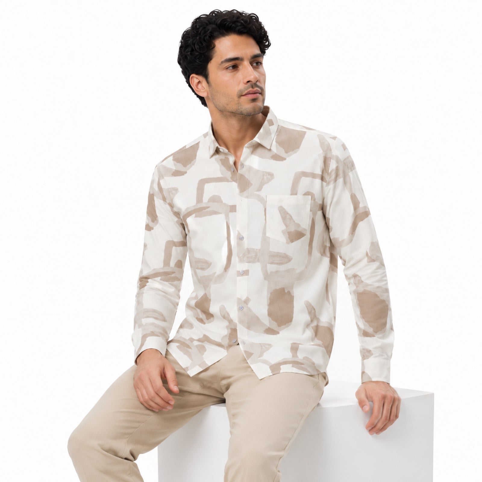 Men's Beige Abstract Print Full Sleeve Shirt