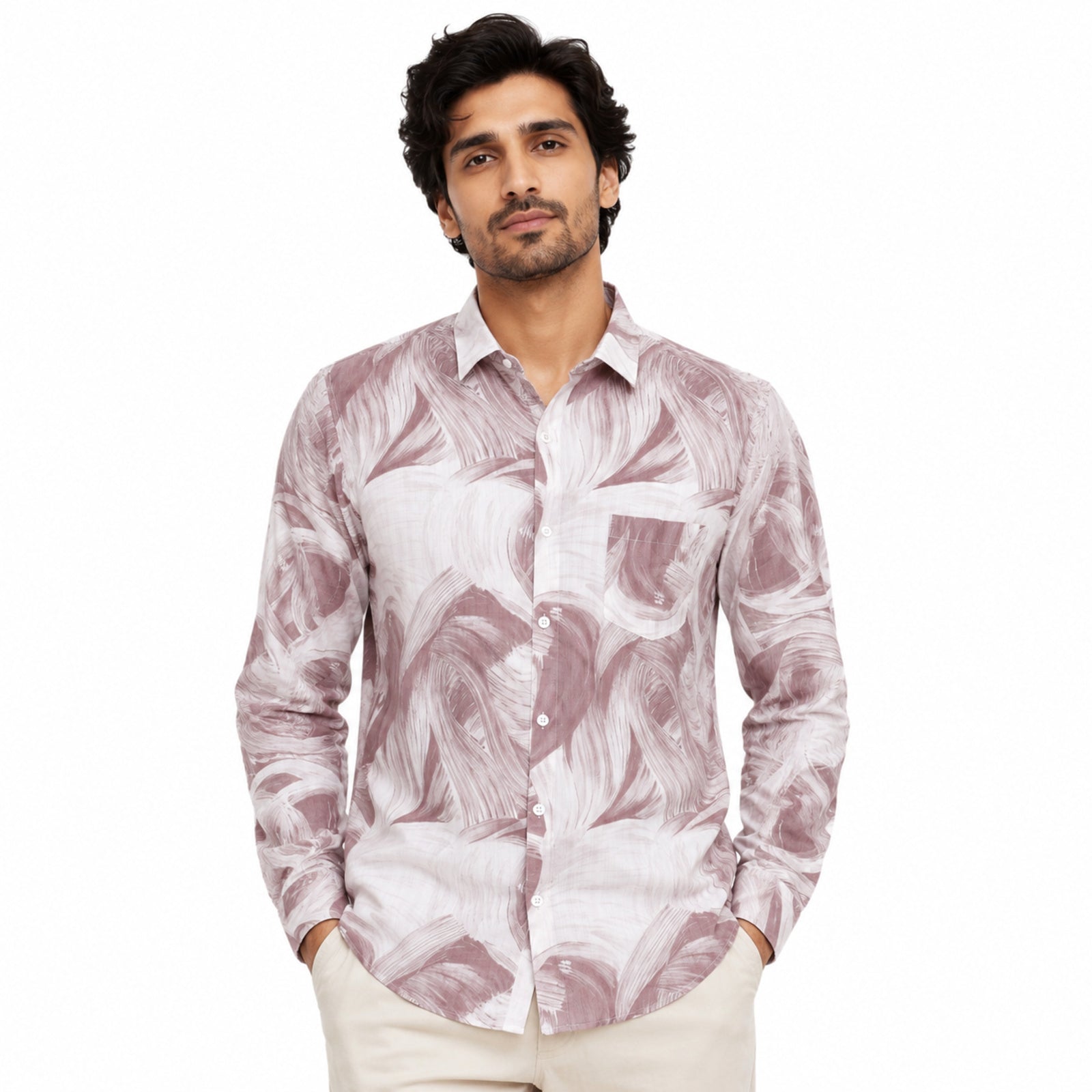 Ivory Marble Print Slim Fit Shirt