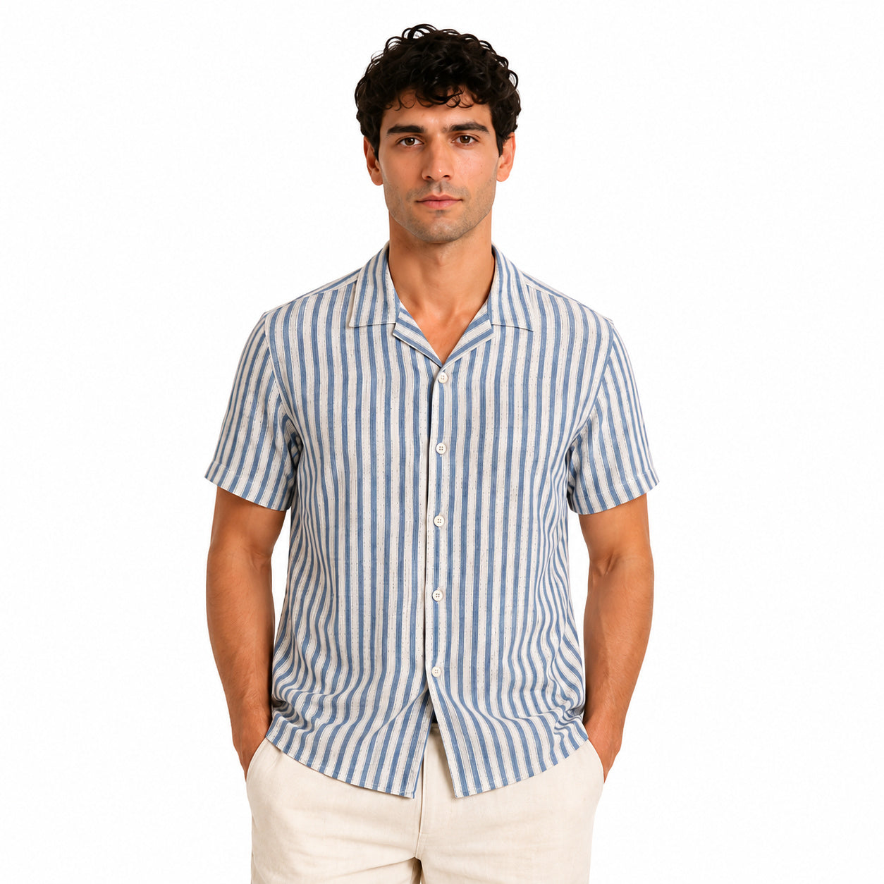 Men's White & Blue Vertical Stripe Cuban Collar Shirt