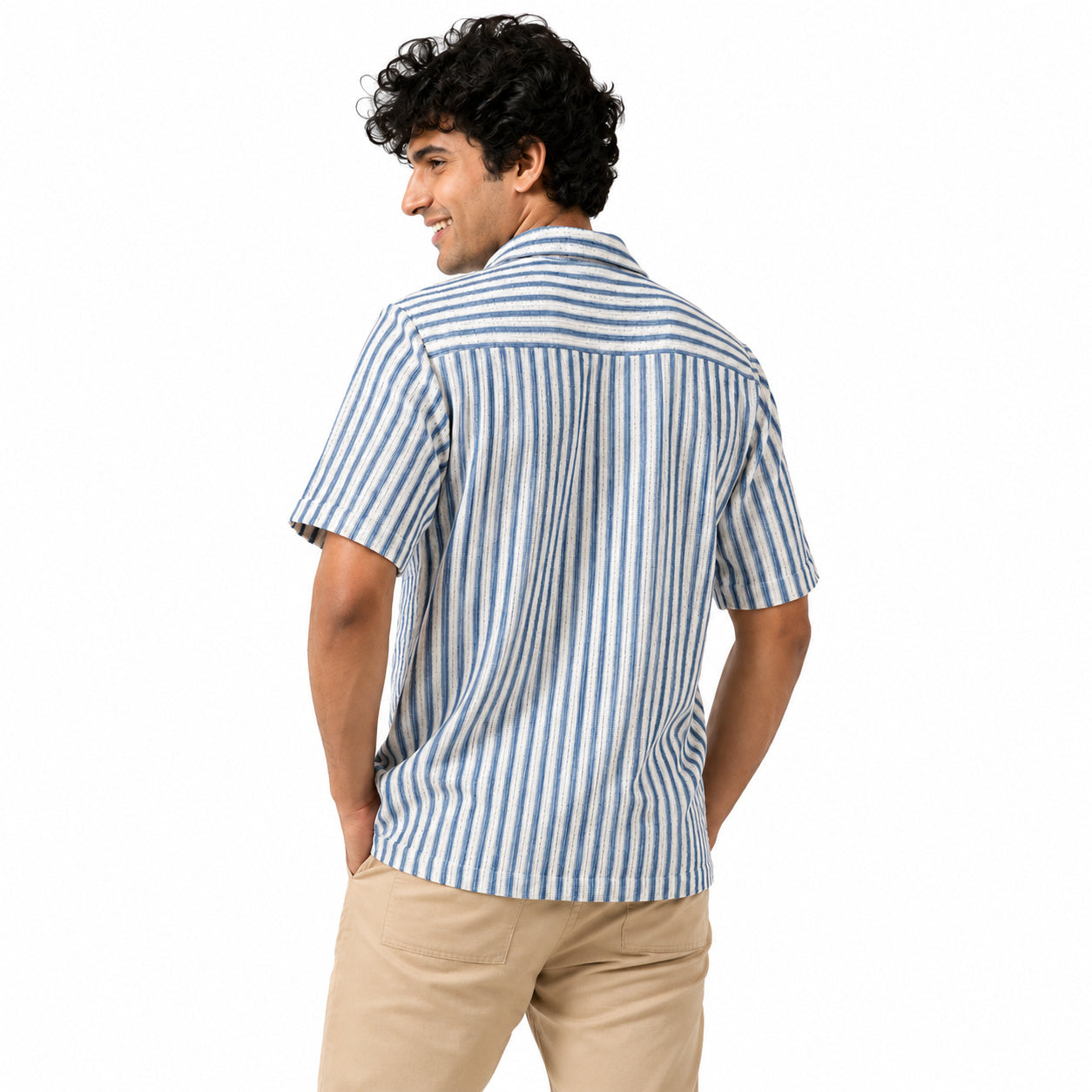 Men's White & Blue Vertical Stripe Cuban Collar Shirt