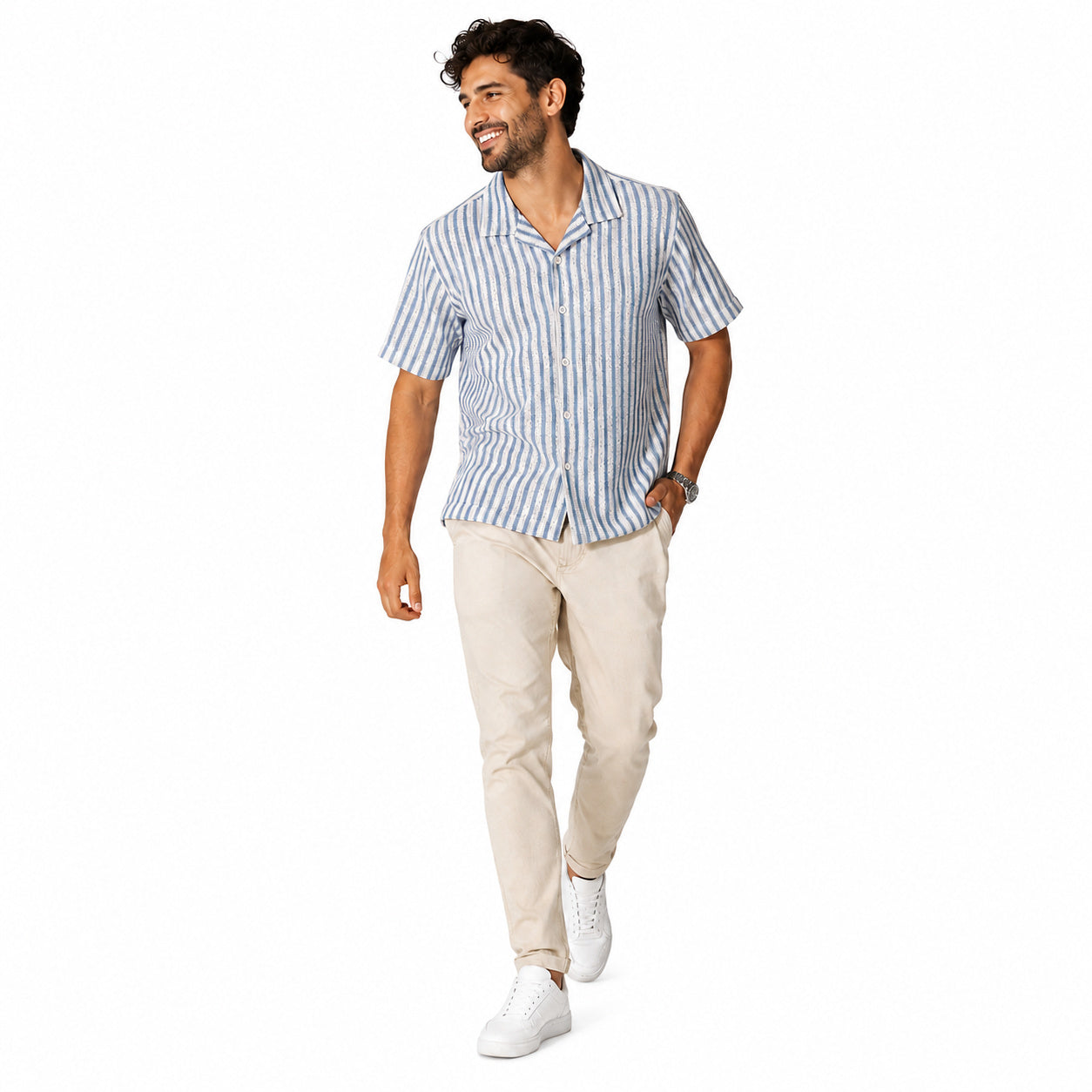 Men's White & Blue Vertical Stripe Cuban Collar Shirt