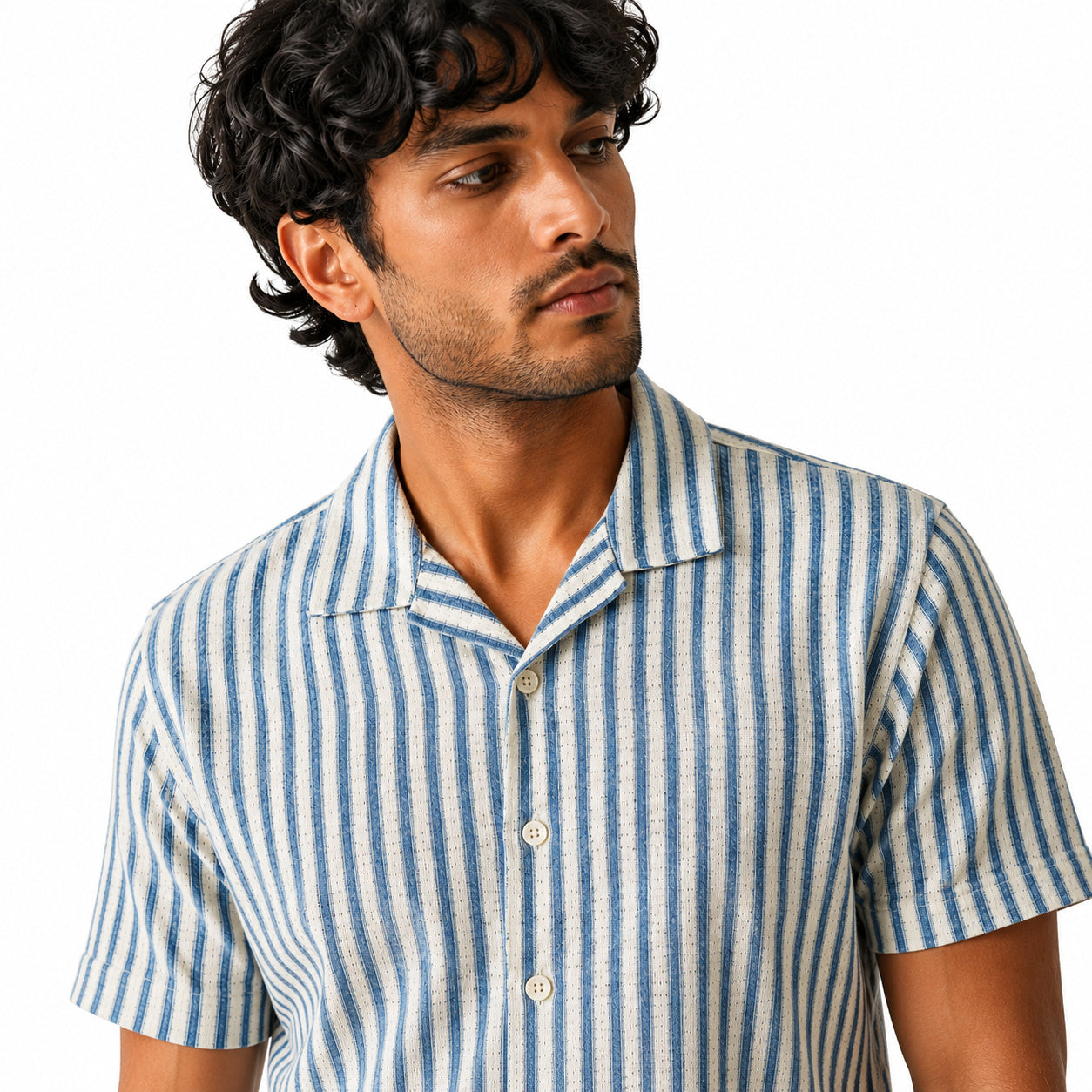 Men's White & Blue Vertical Stripe Cuban Collar Shirt