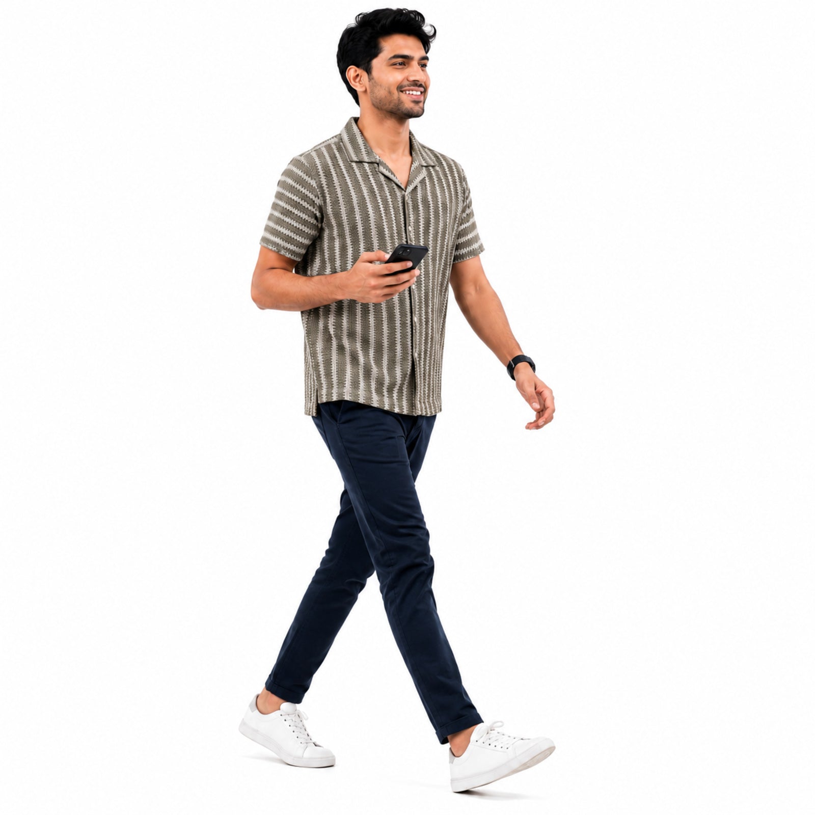 Men's Grey Vertical Stripe Casual Cuban Collar Shirt