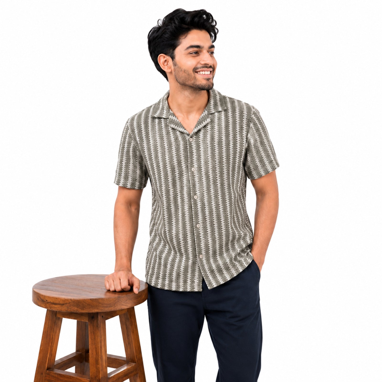 Men's Grey Vertical Stripe Casual Cuban Collar Shirt