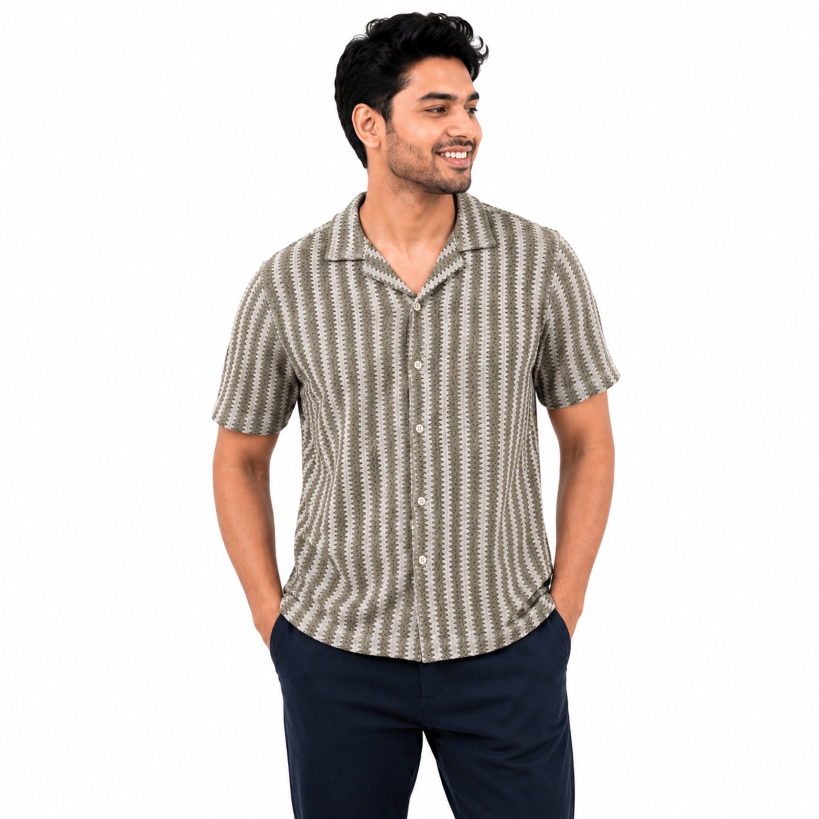 Men's Grey Vertical Stripe Casual Cuban Collar Shirt