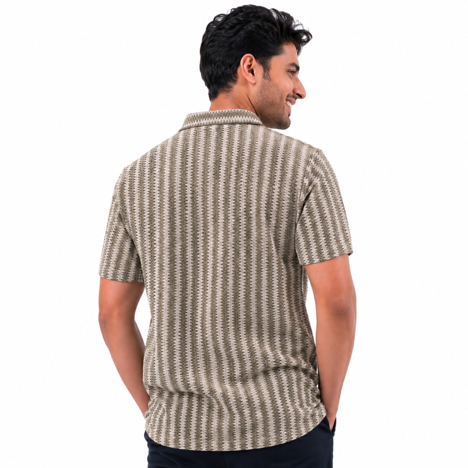 Men's Grey Vertical Stripe Casual Cuban Collar Shirt