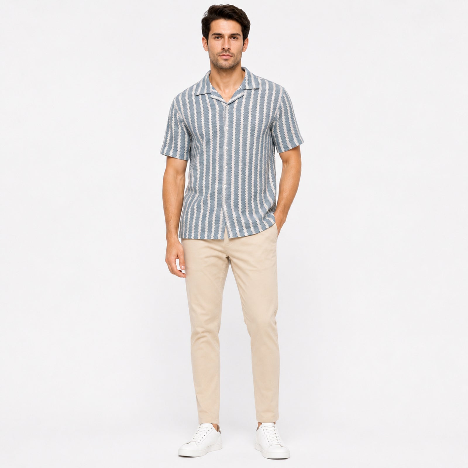 Men's Sky Blue Striped Resort Collar Shirt