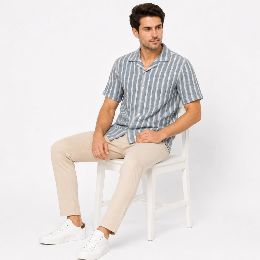 Men's Sky Blue Striped Resort Collar Shirt