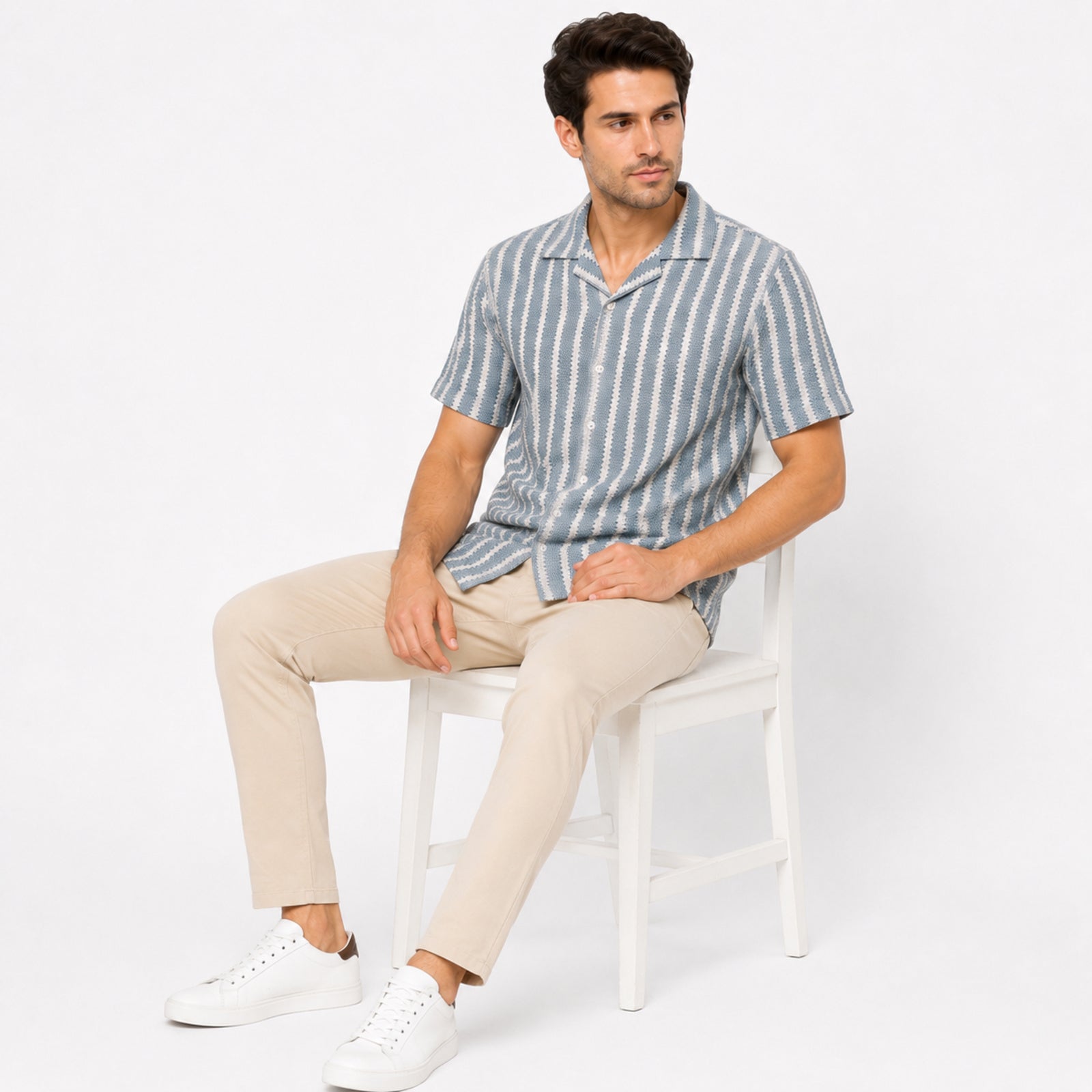 Men's Sky Blue Striped Resort Collar Shirt