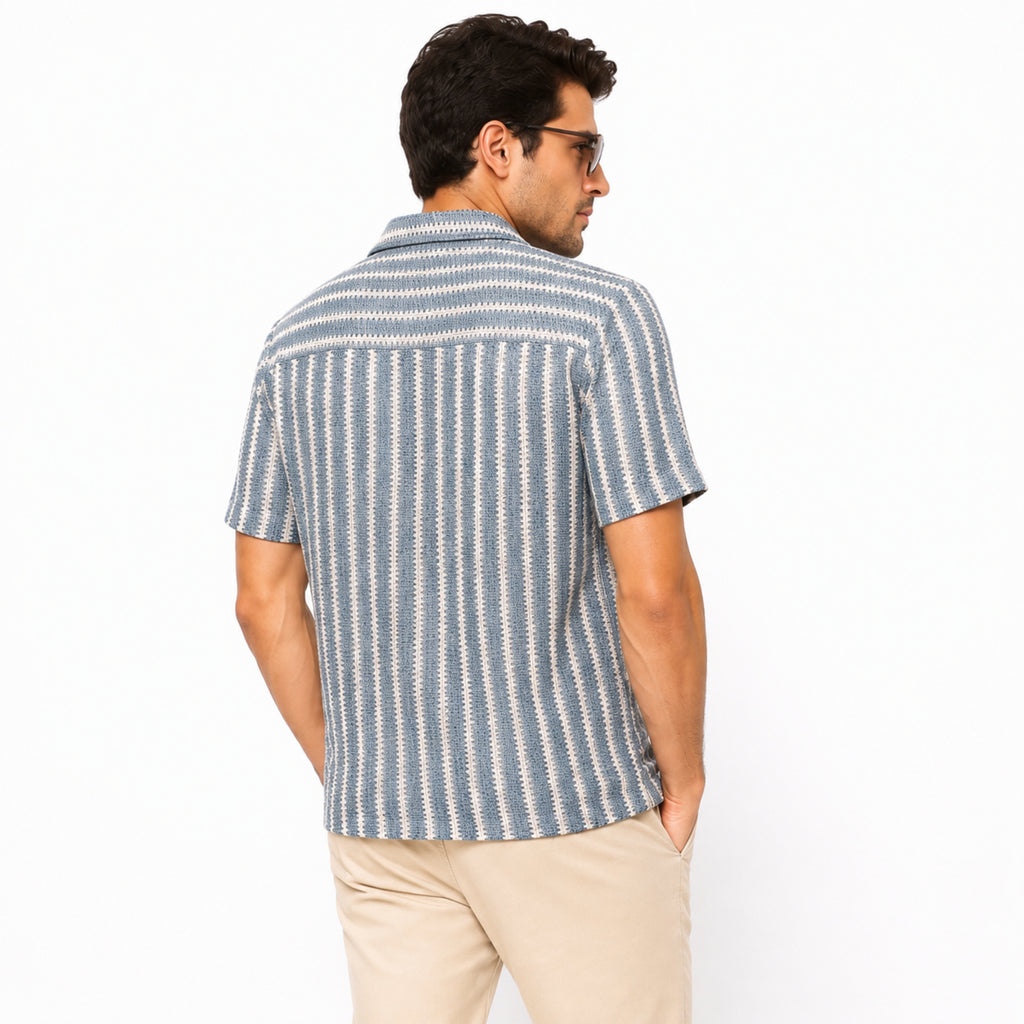 Men's Sky Blue Striped Resort Collar Shirt