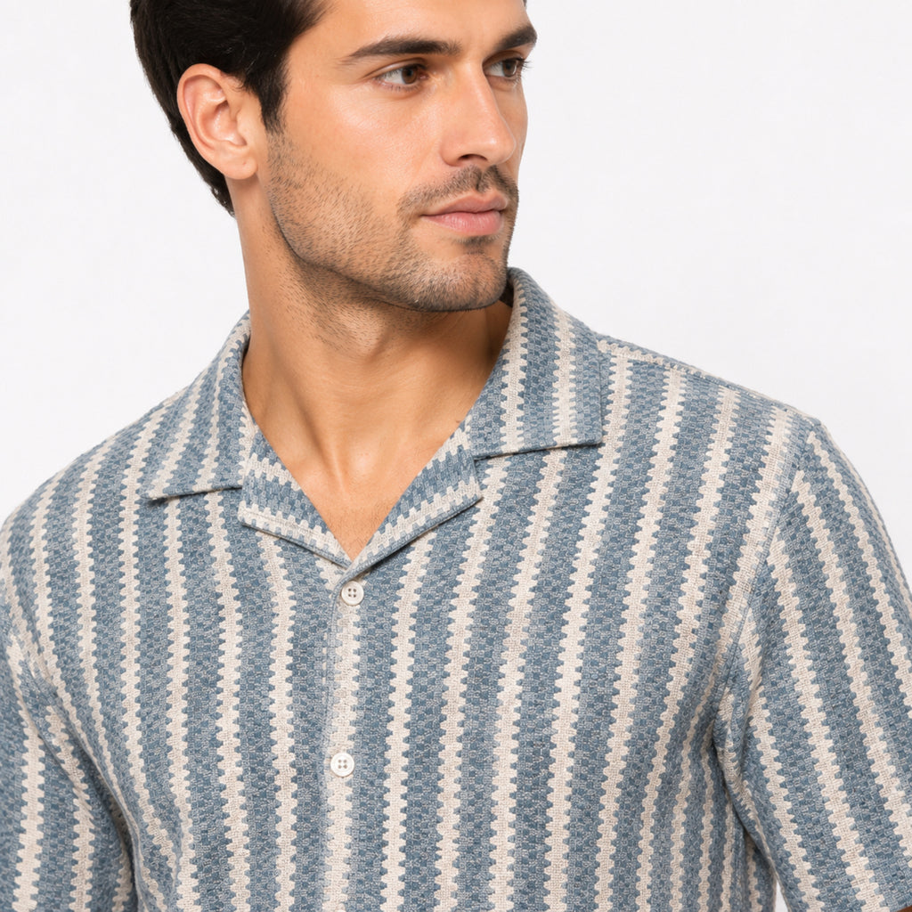 Men's Sky Blue Striped Resort Collar Shirt