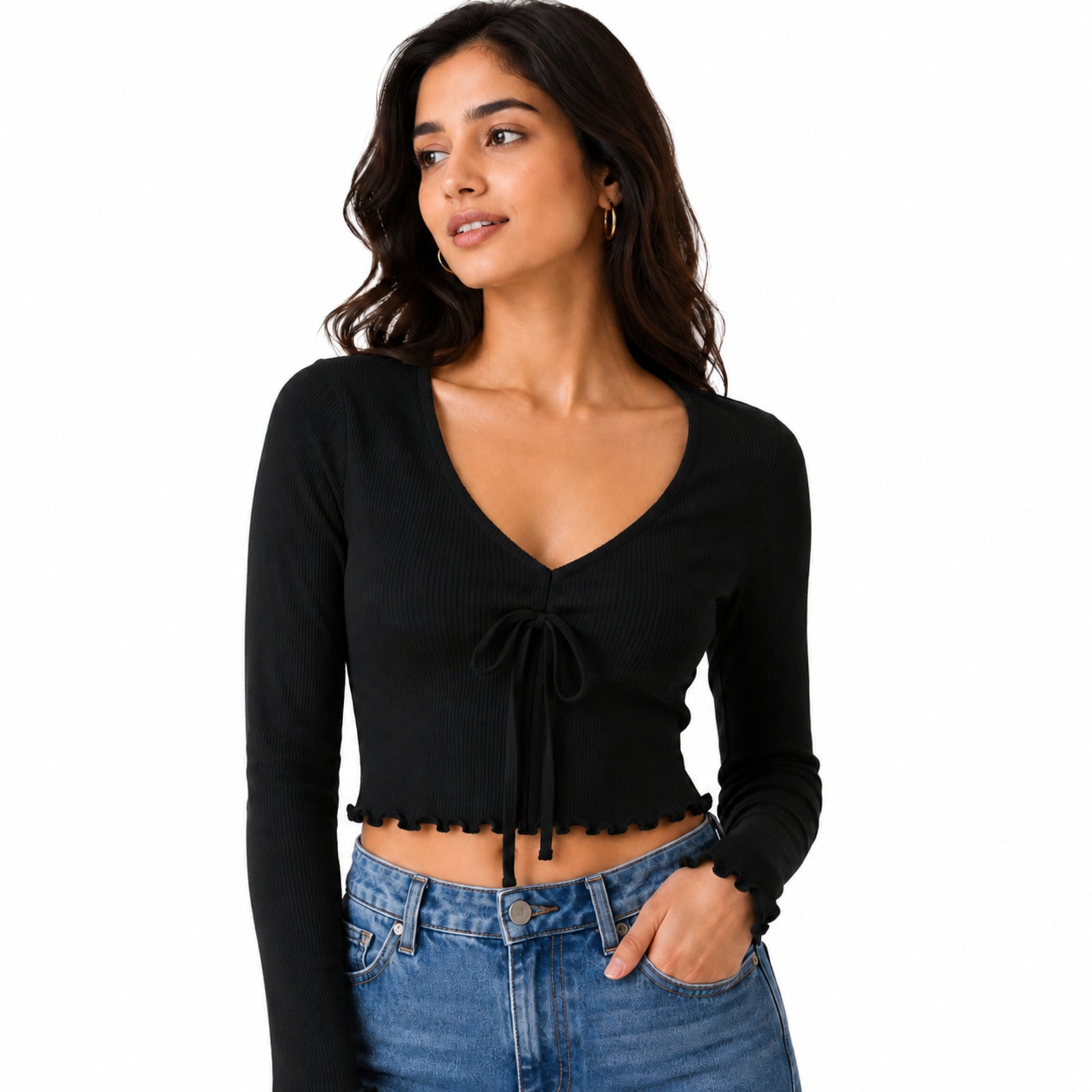 Women's Obsidian Midnight Black Ribbed Long-Sleeve Crop Top with Center Ruched Drawstring and Ruffle Trim