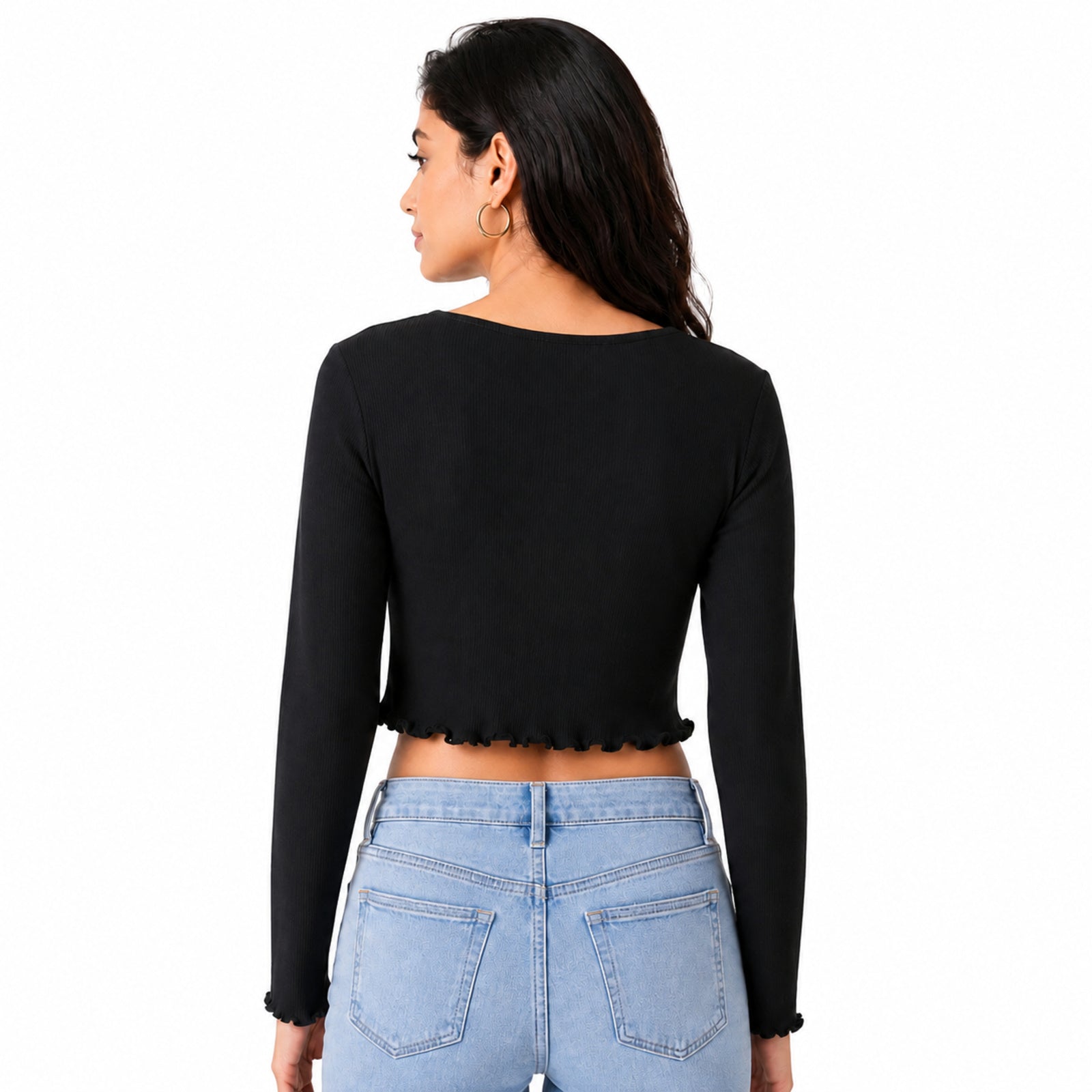Women's Obsidian Midnight Black Ribbed Long-Sleeve Crop Top with Center Ruched Drawstring and Ruffle Trim