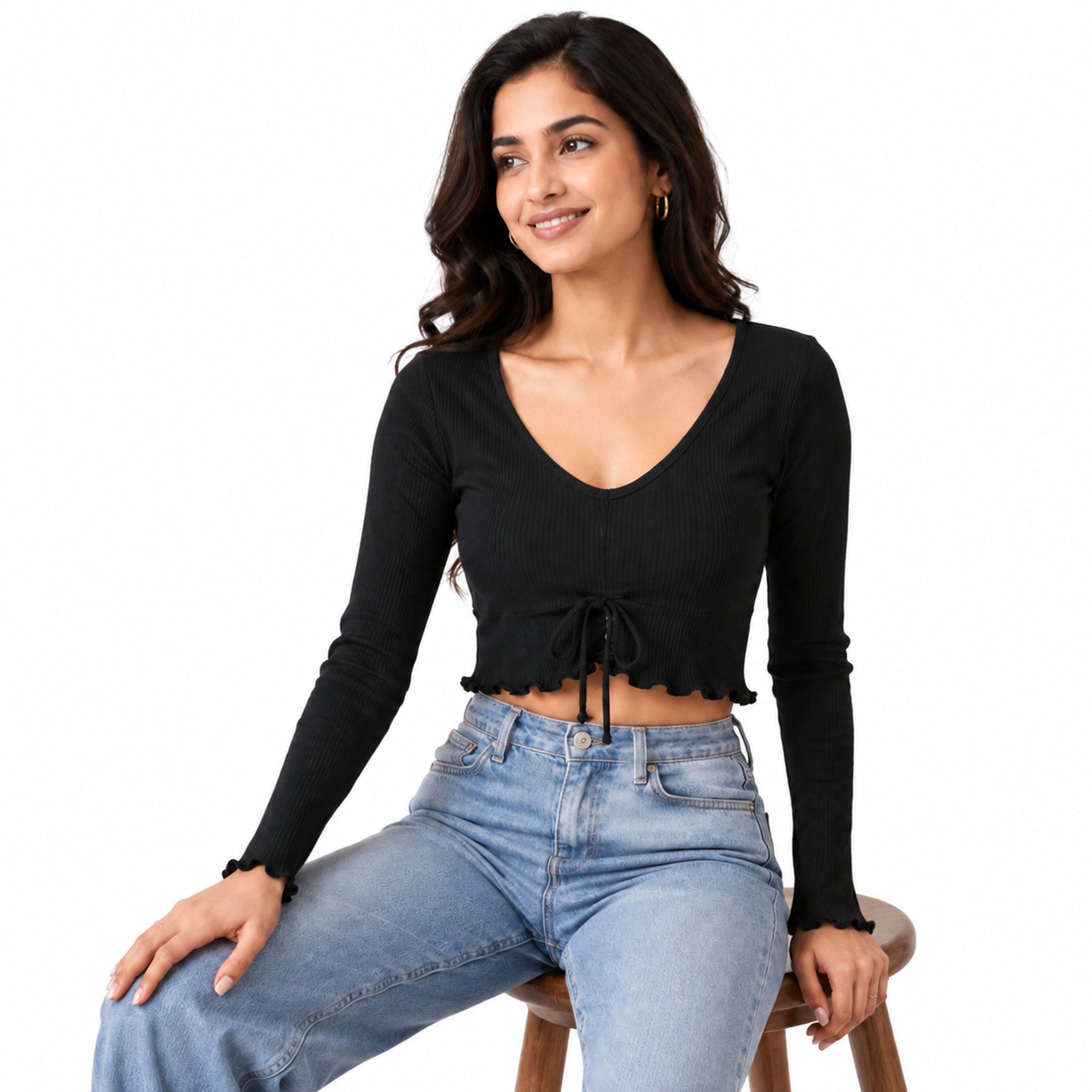 Women's Obsidian Midnight Black Ribbed Long-Sleeve Crop Top with Center Ruched Drawstring and Ruffle Trim