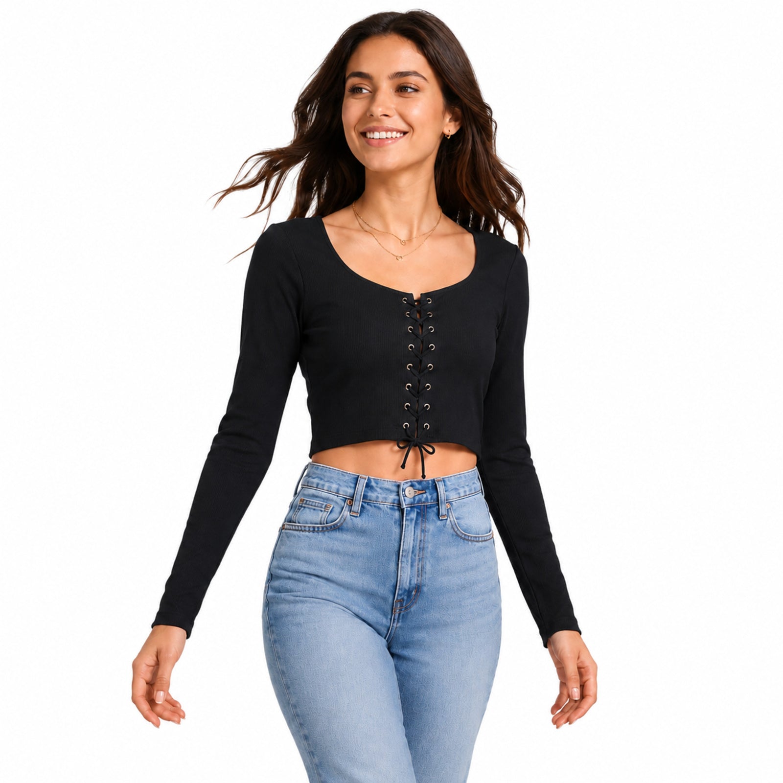 Women's Black Lace-Up Full Sleeve Crop Top