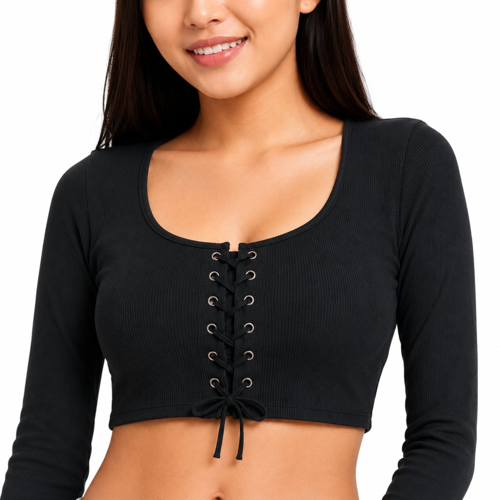 Women's Black Lace-Up Full Sleeve Crop Top