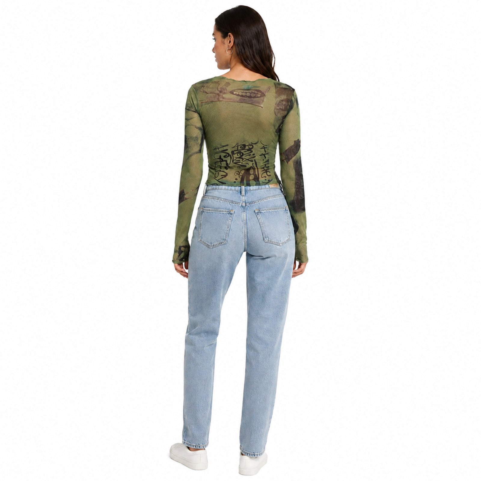 Women's Green Abstract Print Sheer Mesh Crop Top