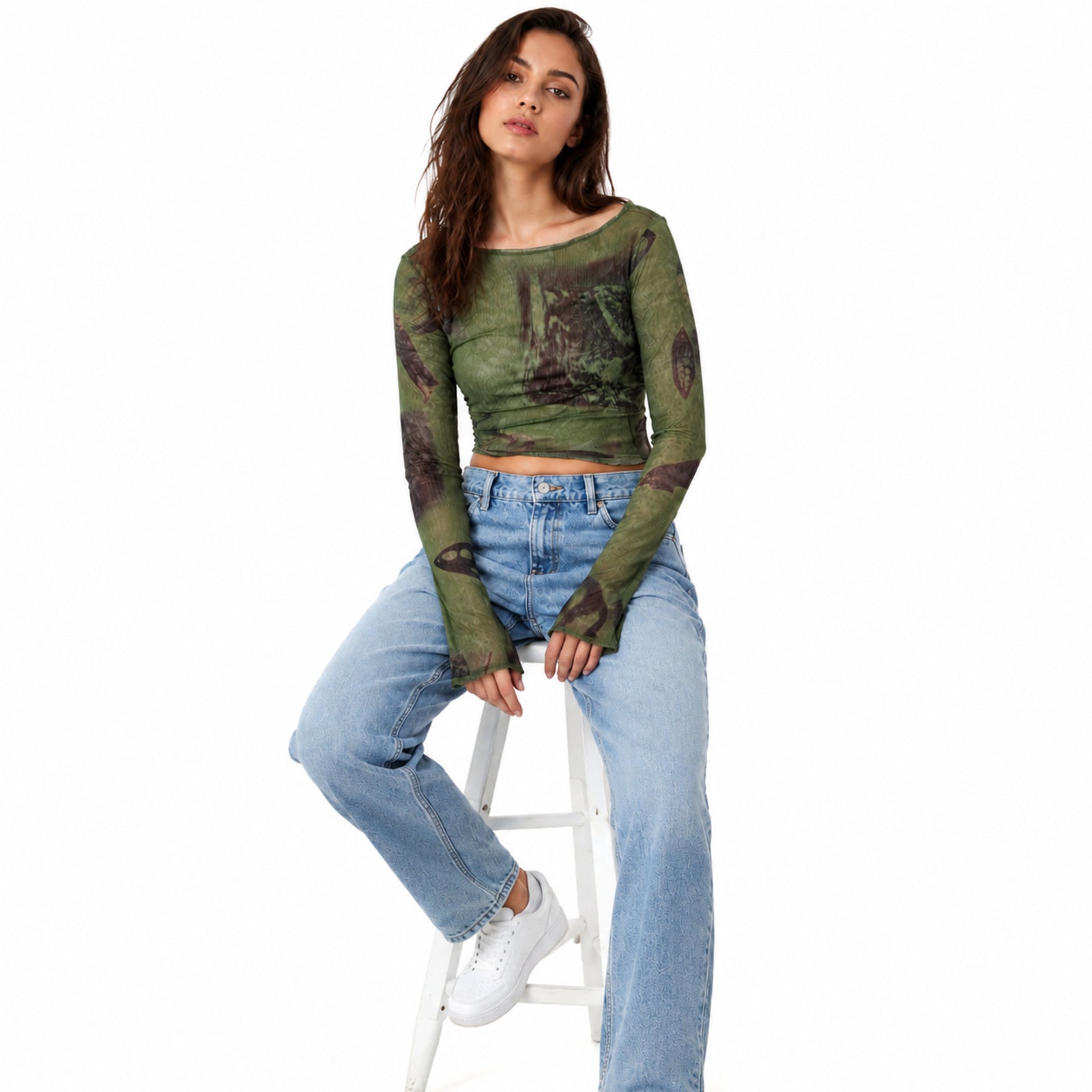 Women's Green Abstract Print Sheer Mesh Crop Top